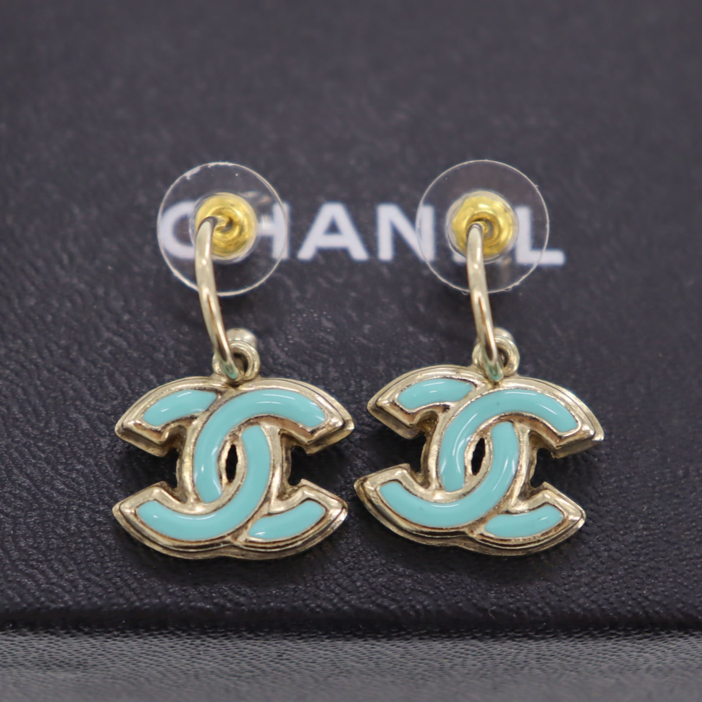 CHANEL CC Logos Piercing Earrings White Gold Light Blue 08P #CG53