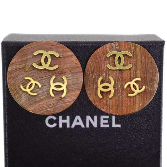 CHANEL CC Logos Seashell Earrings Brown Gold Clip-On 94 P #CH869