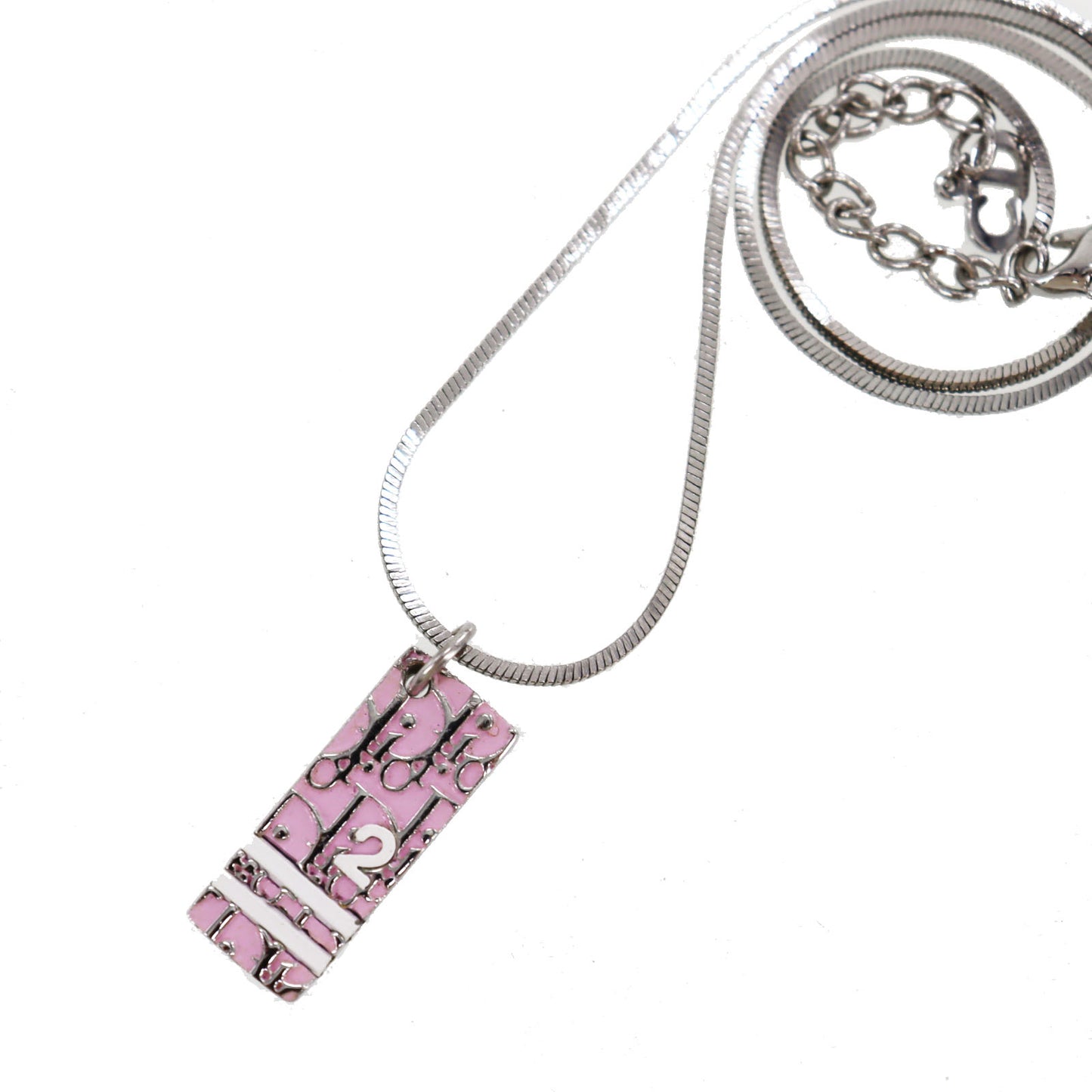 Christian Dior Trotter Plate Necklace Pink Silver #CP783