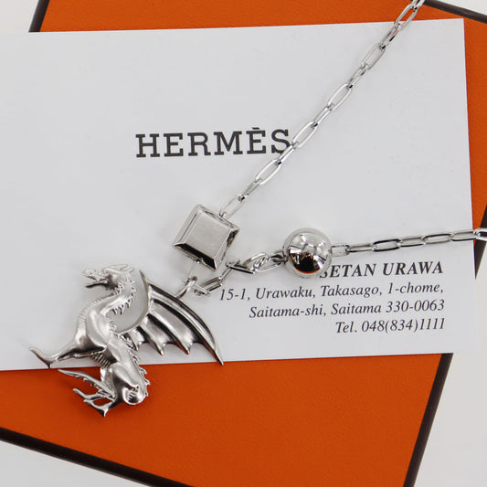 HERMES Long Necklace Dragon Silver #AH674