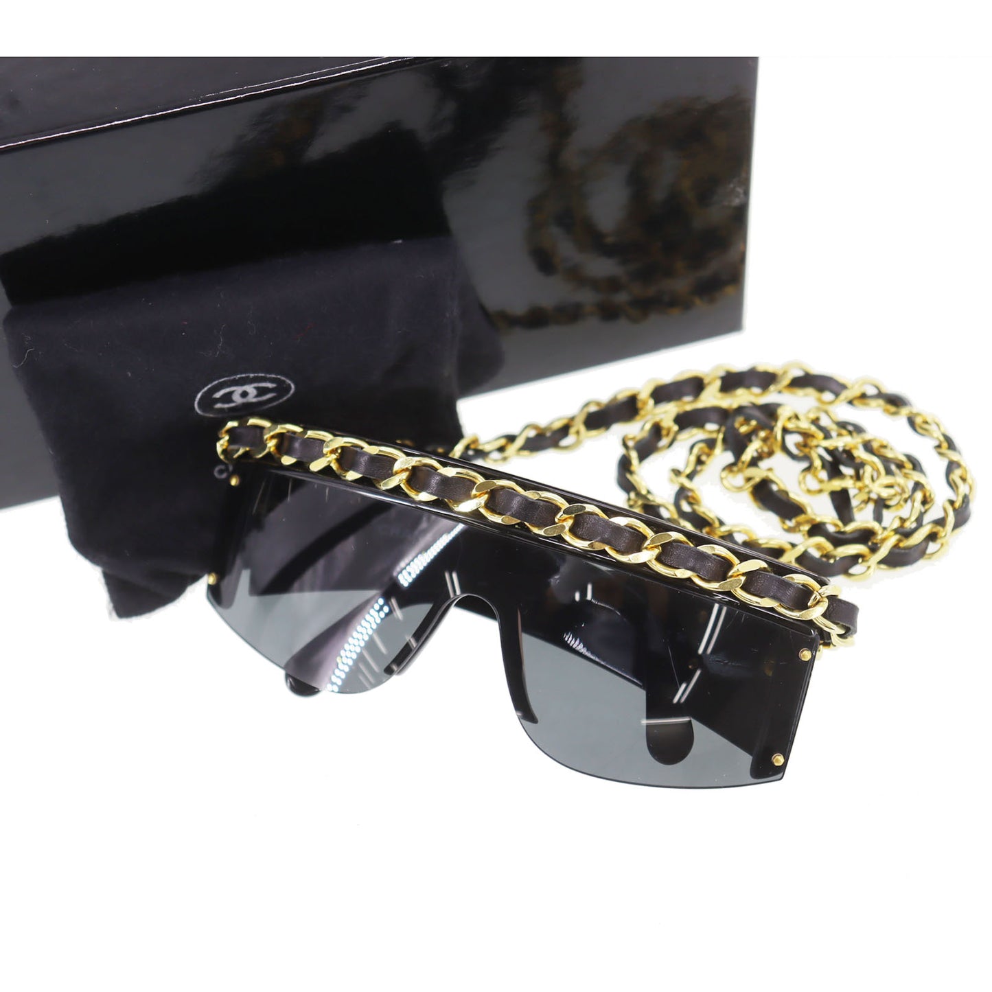 CHANEL Chain Used Sunglasses Black Shield Eye Wear Italy #CW623