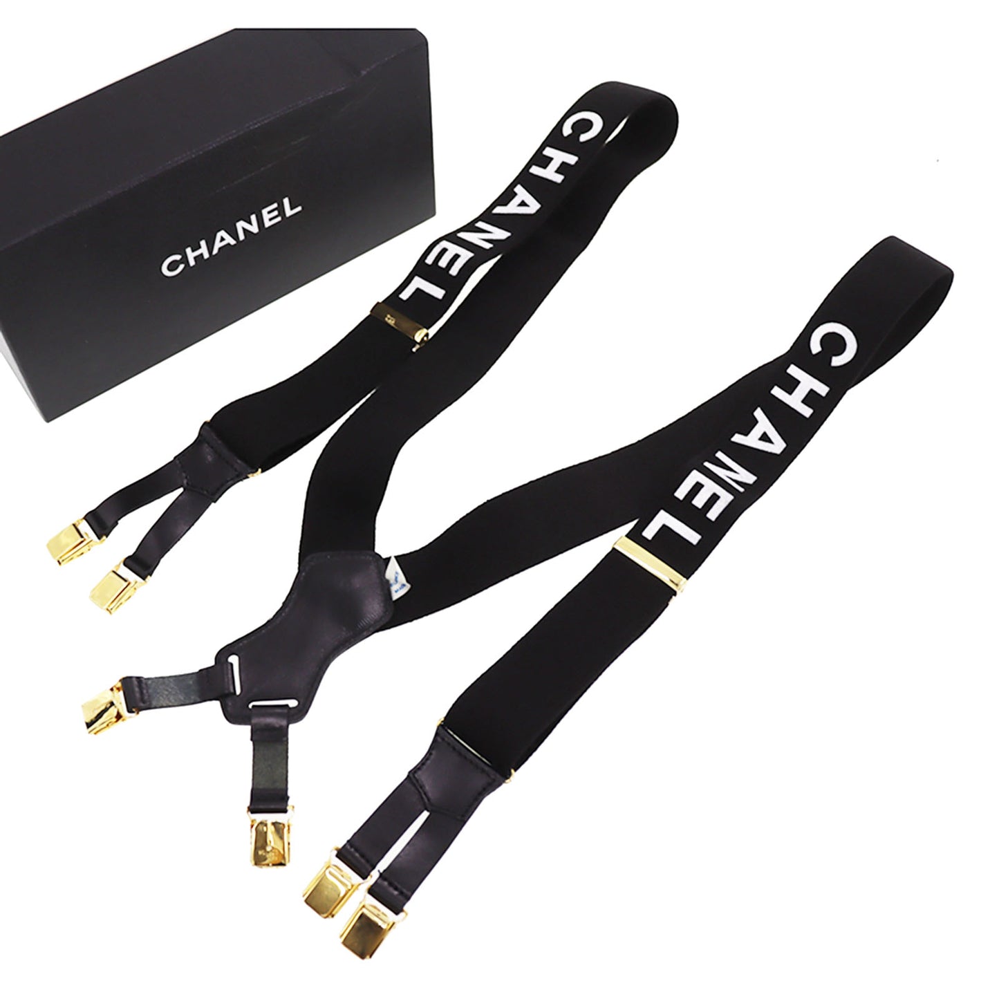 CHANEL Logo Suspender Black Sewing Elastic Leather #CJ416