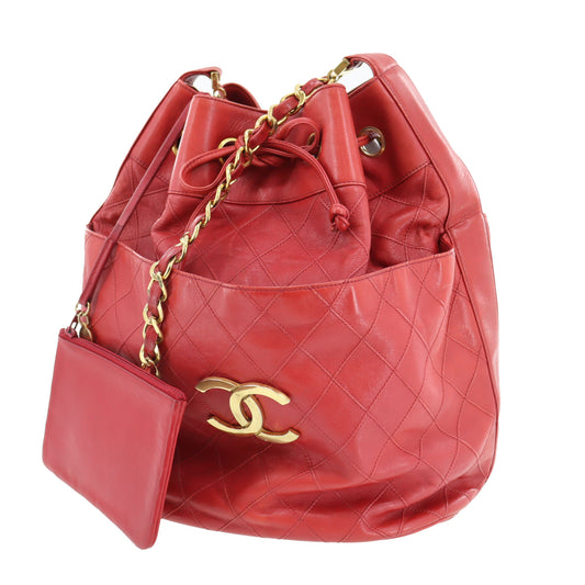 CHANEL Bicolore Chain Drawstring Shoulder Bag Red Leather #AH631