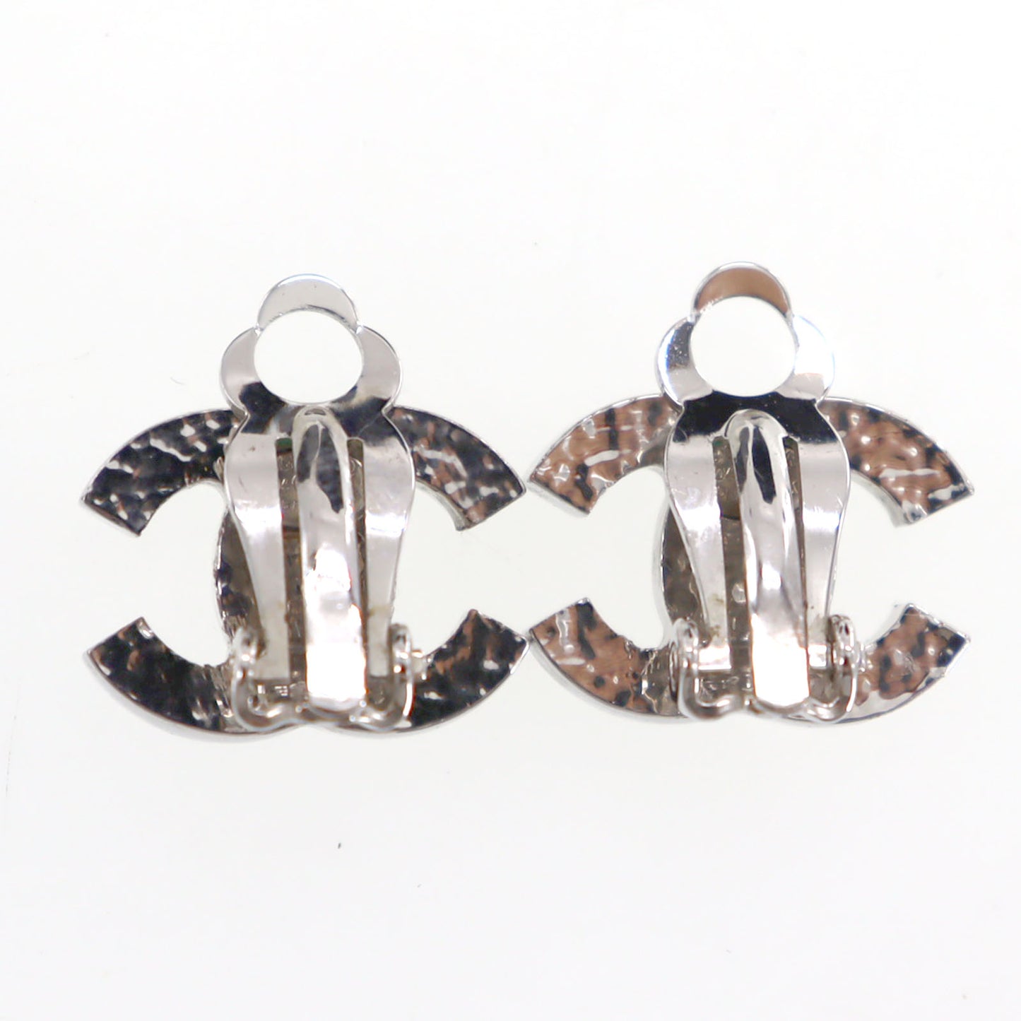 CHANEL CC Logos Rhinestone Earrings Silver Clip-On 04V #CO299