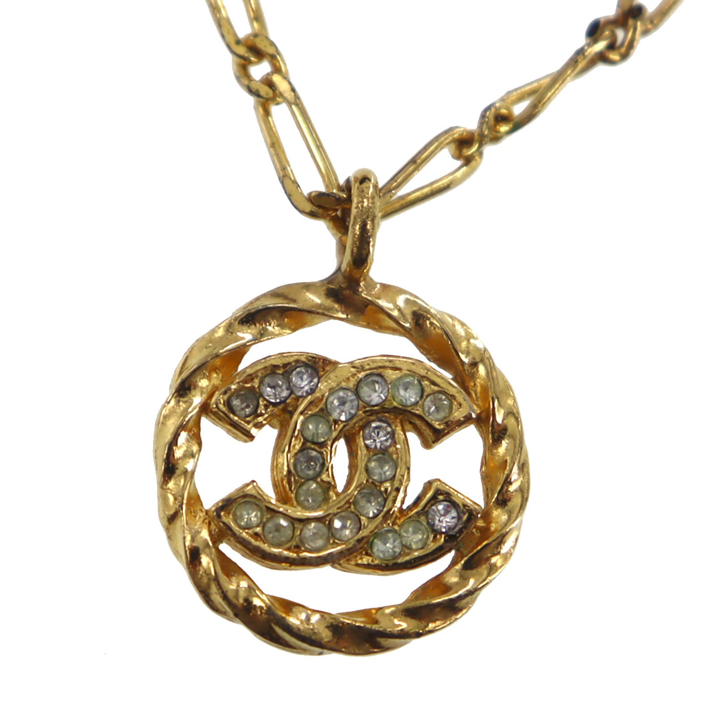 CHANEL CC Logos Circle Necklace Stone Gold 3438 #CG198