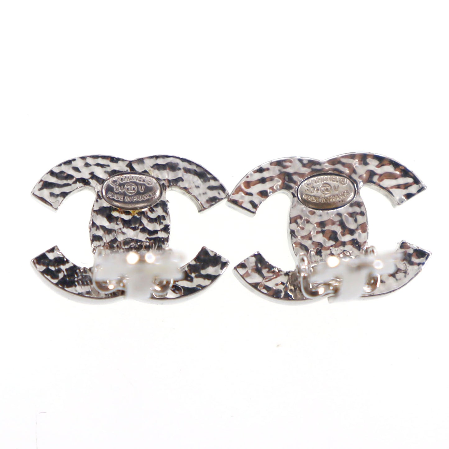 CHANEL CC Logos Rhinestone Earrings Silver Clip-On 04V #CO299