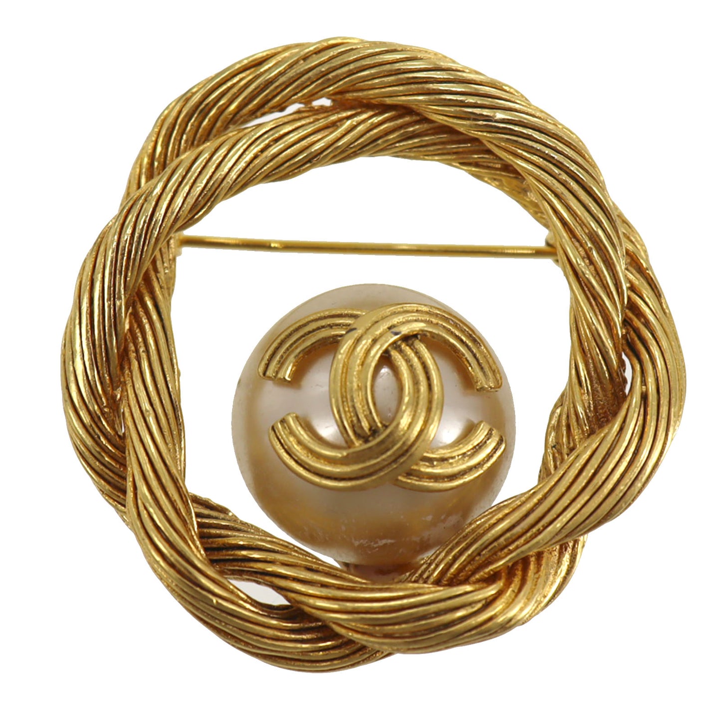 CHANEL CC Circle Pin Brooch Gold Plated Pearl 94A #CG797