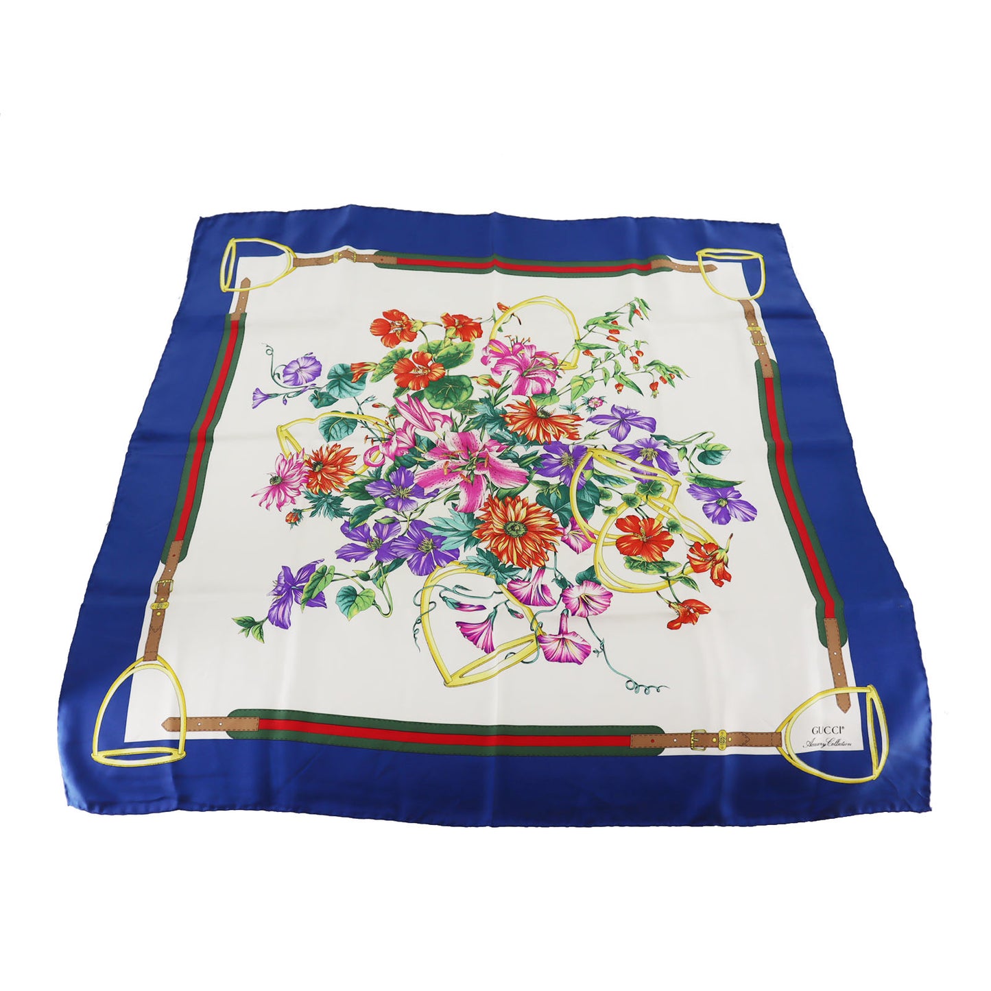 GUCCI Used Flower Motif Scarf Blue Silk Vintage #DA816