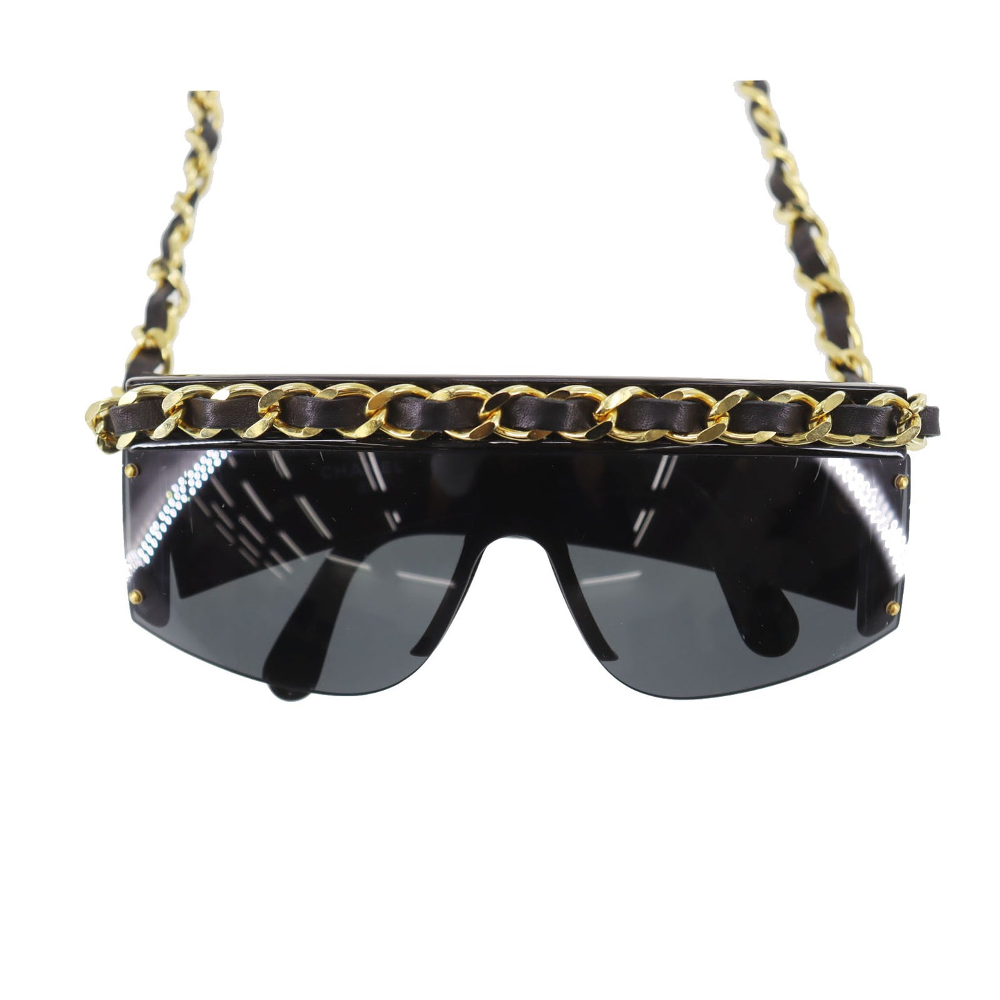 CHANEL Chain Used Sunglasses Black Shield Eye Wear Italy #CW623