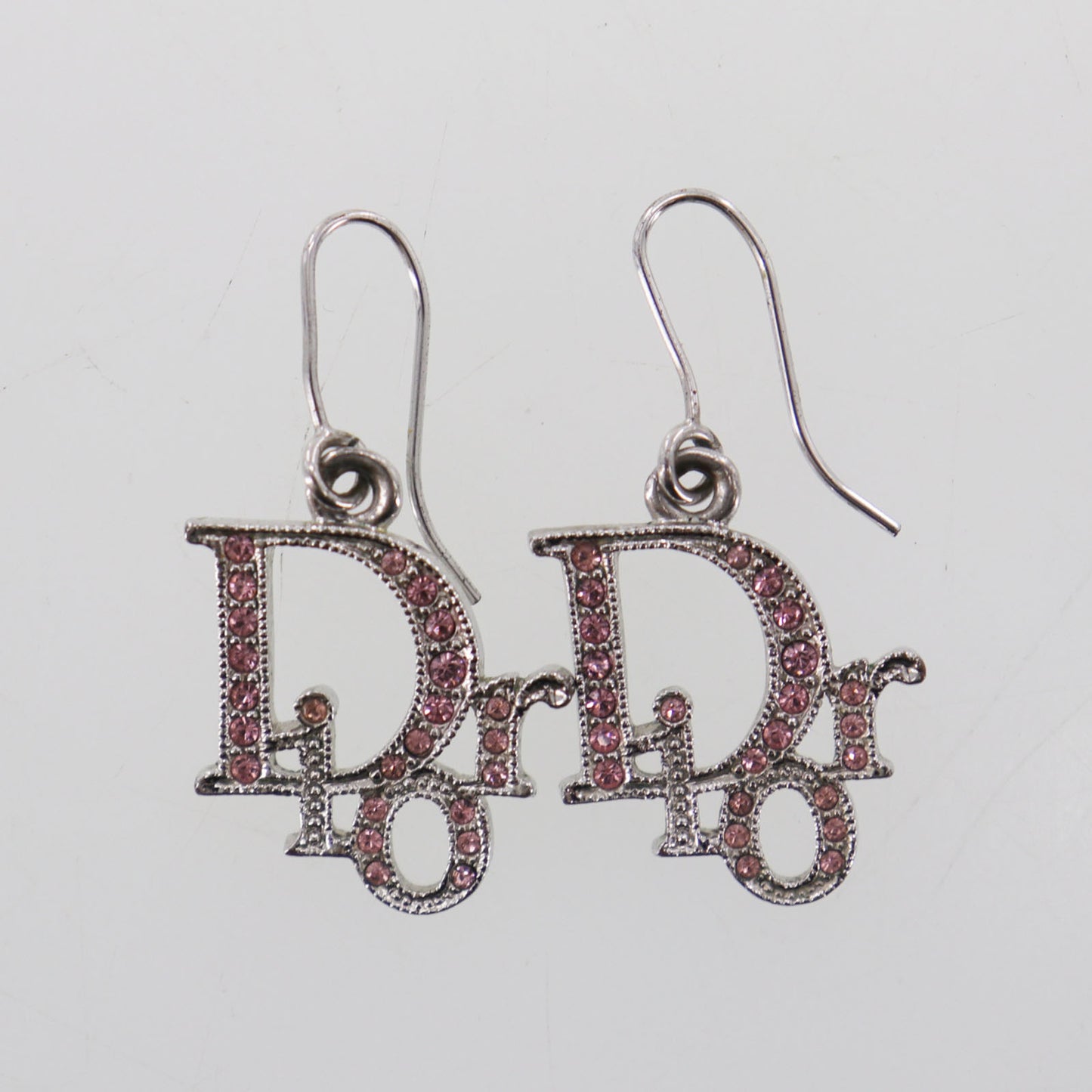 Christian Dior Logos Rhinestones Hook Pierced Earrings Silver Plated #EH4