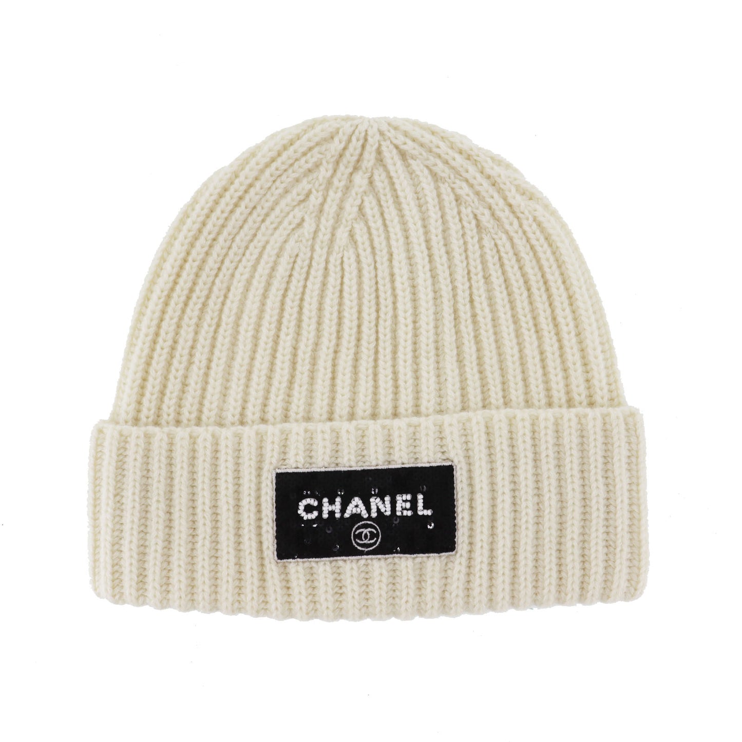 CHANEL Logo Used Knit hat White Cashmere 100% Italy Authentic #CU971