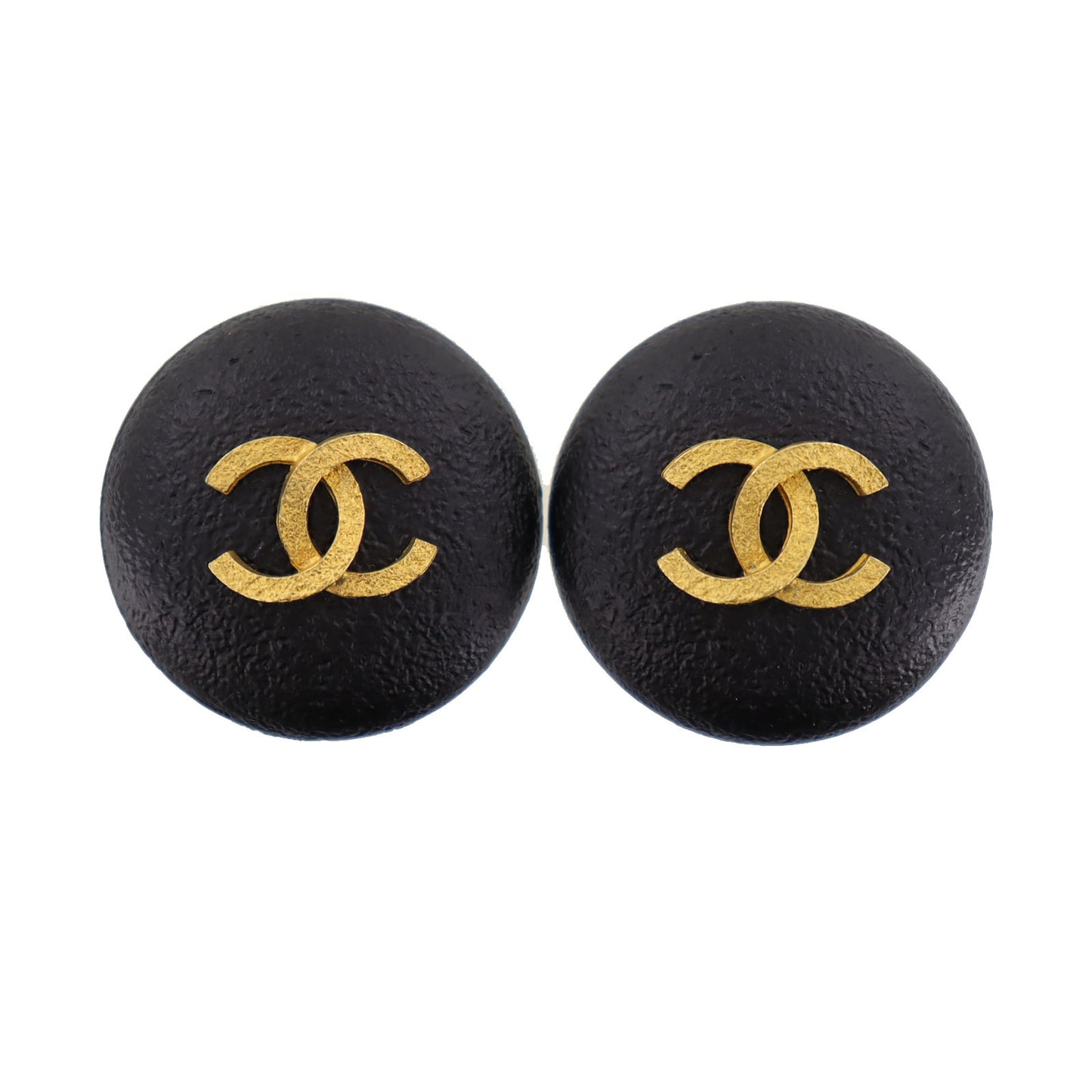 CHANEL Logos Earrings Black Gold Clip-On 93A #BZ804