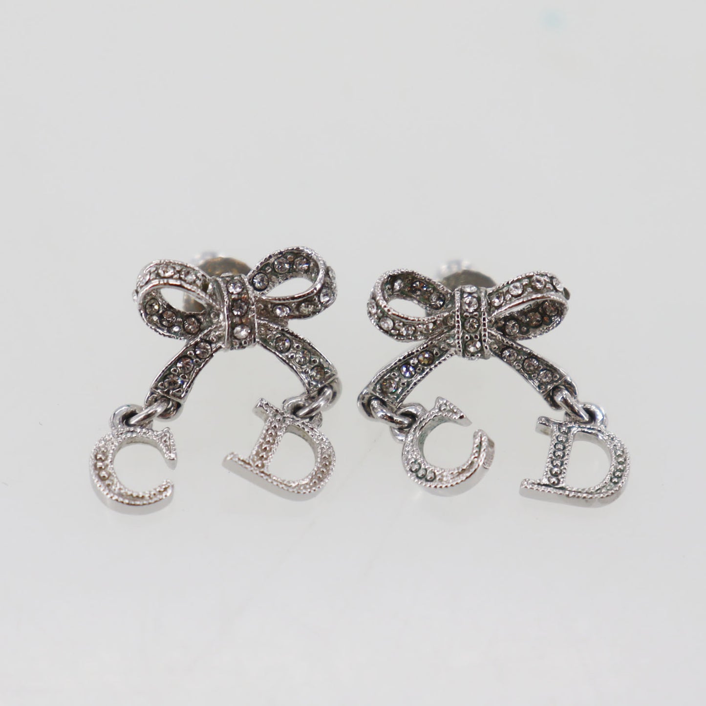 Christian Dior Bow CD Rhinestone Used Pierced Earrings Silver Plated #EA48