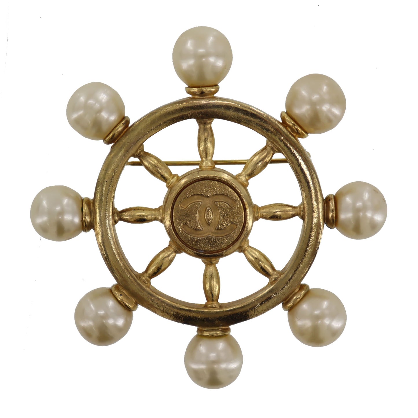 CHANEL CC Logos Rudder Pin Brooch Gold Plated Pearl 94P #BX377