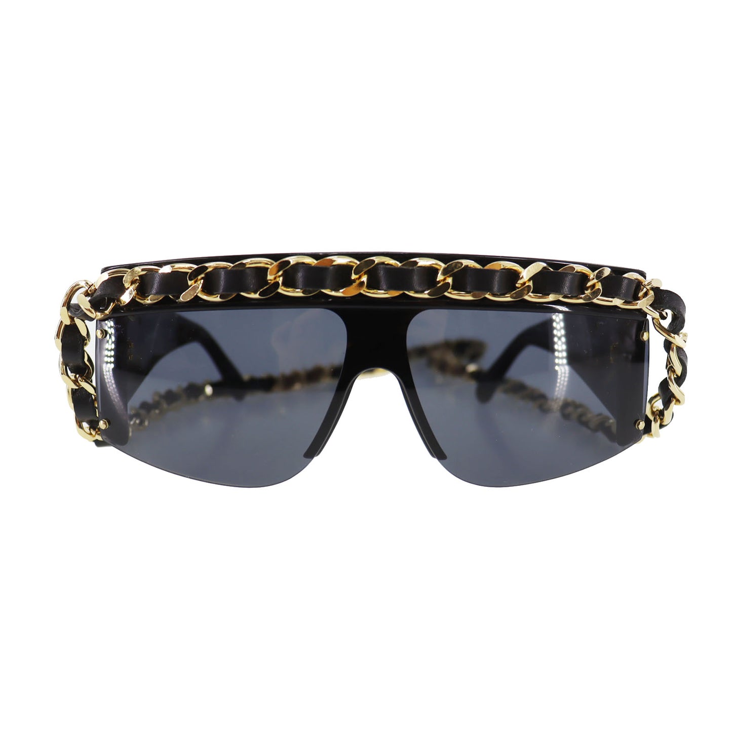 CHANEL Chain Sunglasses Black Shield Eye Wear #CT757