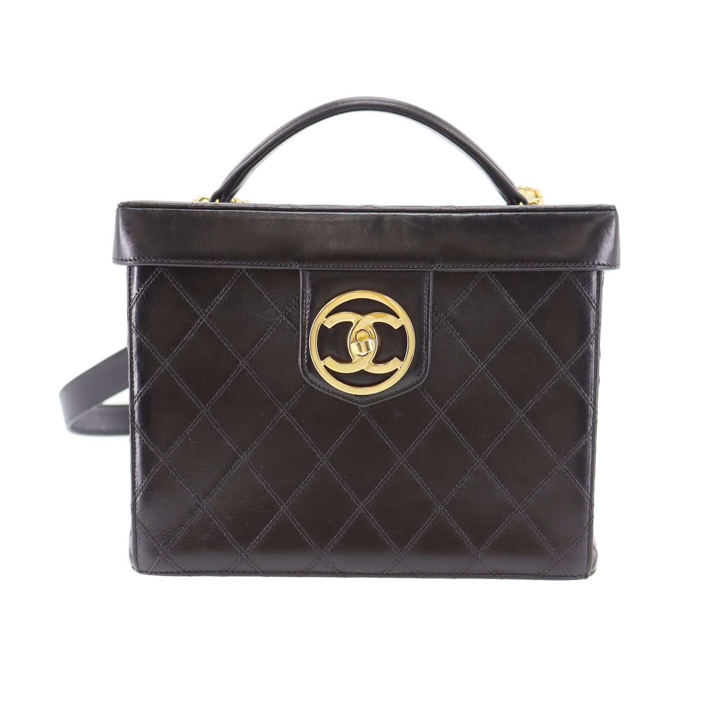 CHANEL Bicolore Handbag Vanity Black Leather #CD204