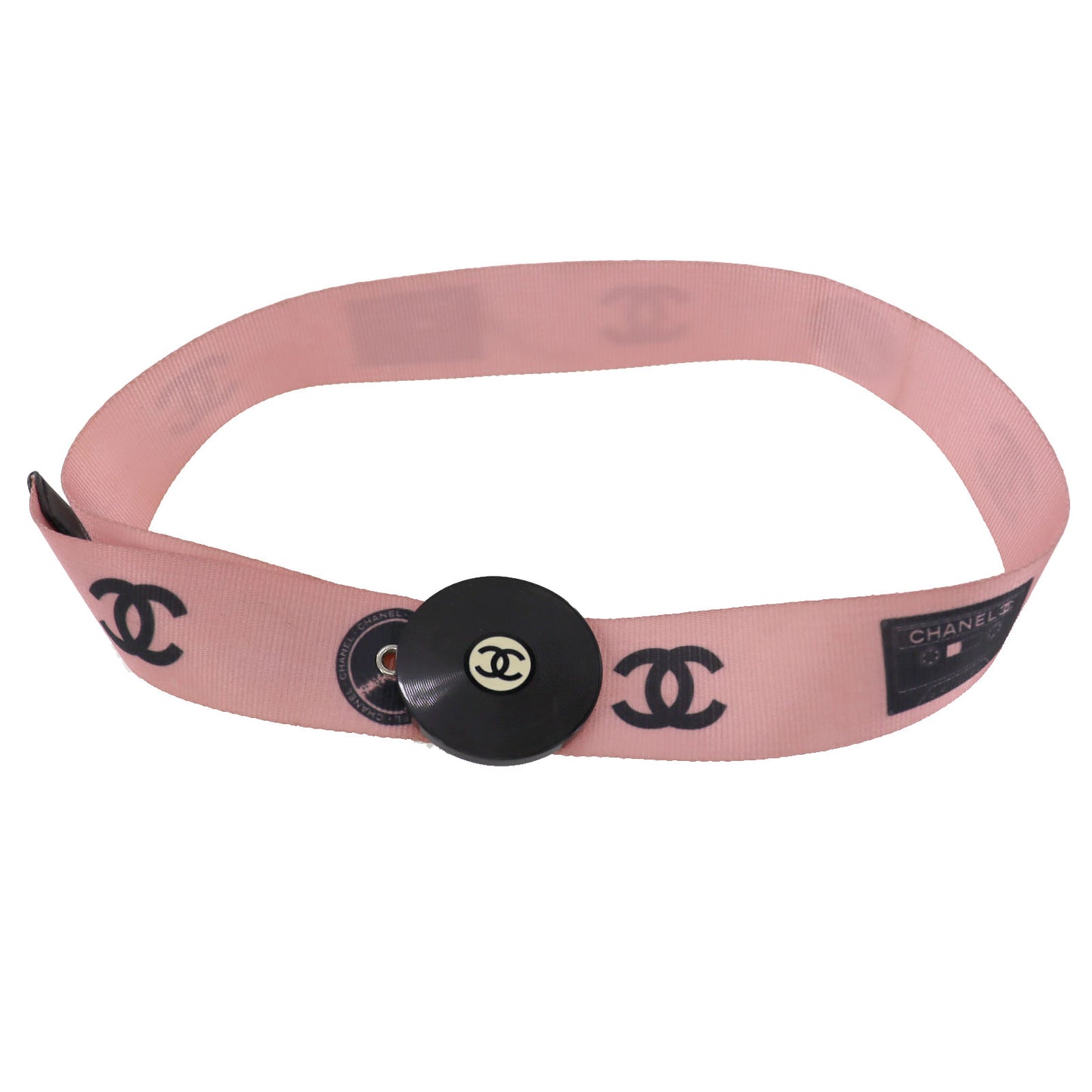 CHANEL CC Waist Belt Record Motif Pink Black Nylon Canvas Leather #AG91