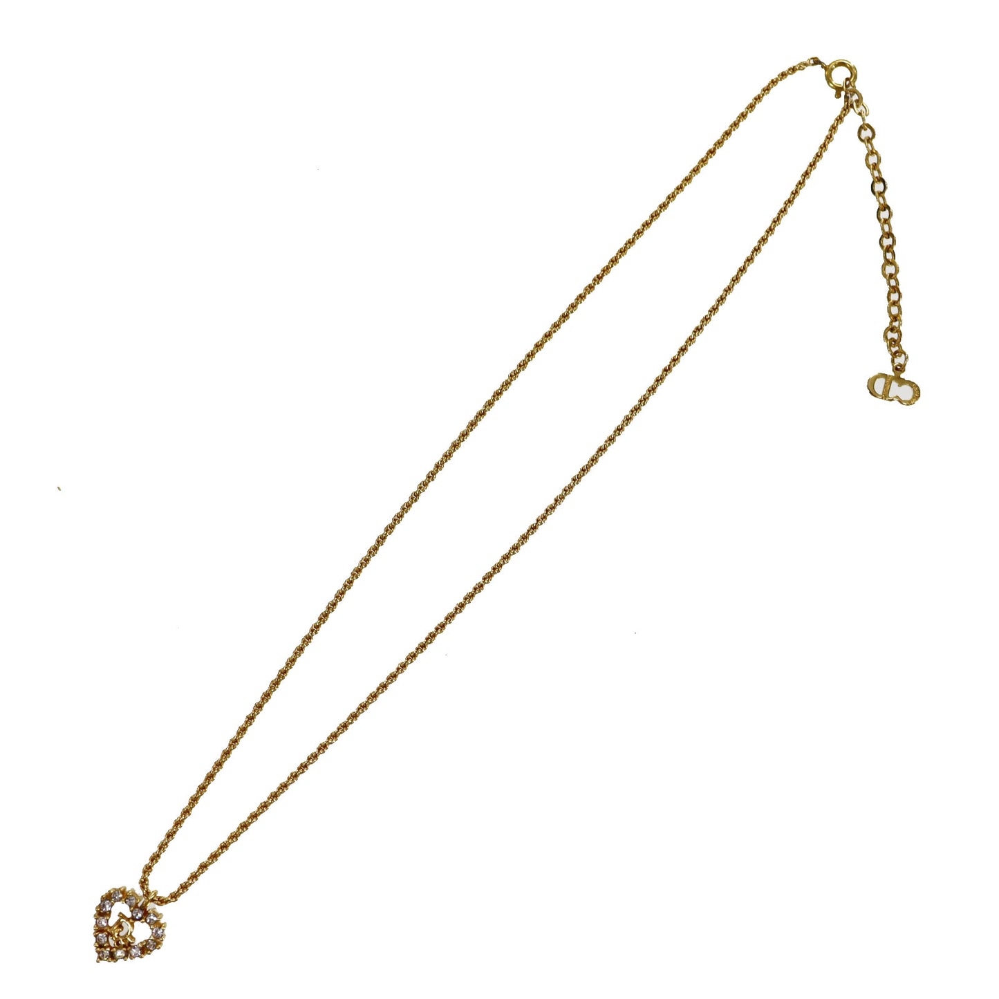 Christian Dior Logo Chain Heart Necklace Rhinestone Gold-Plated #CB315