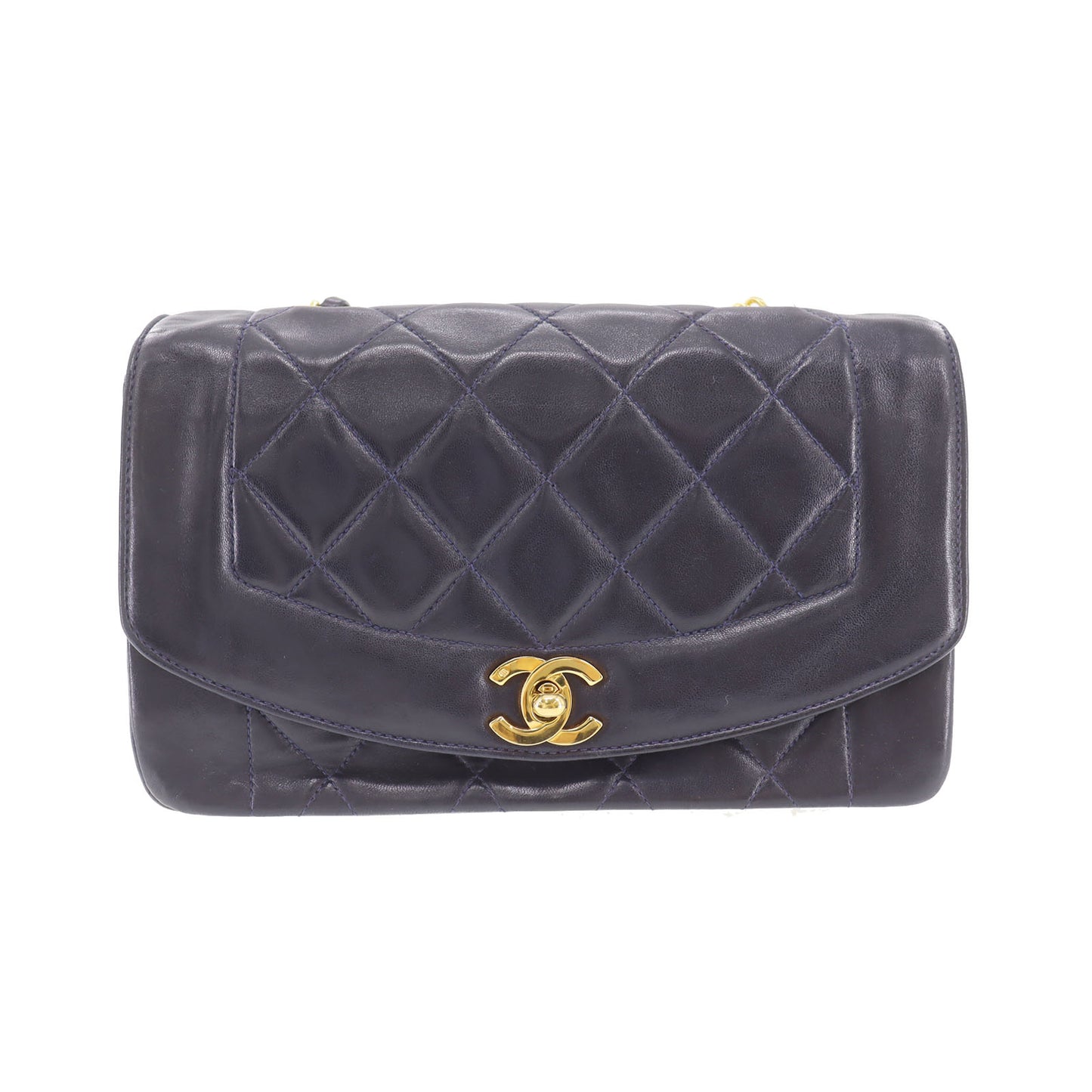 CHANEL Diana Matelasse 22 Used Shoulder Bag Navy Lambskin Vintage #CP684