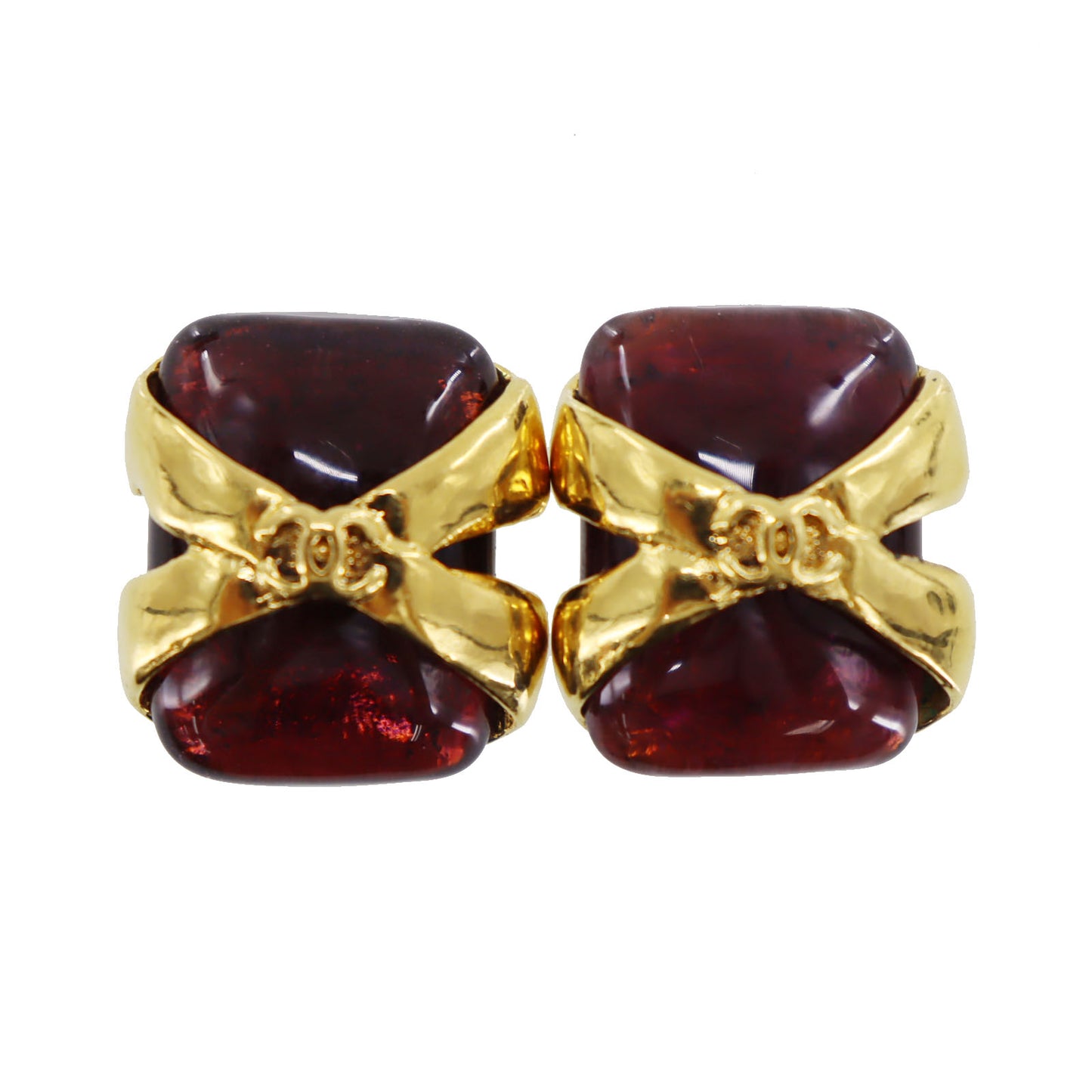 CHANEL CC Logos Stone Earrings Gold Brown Red 94 P Clip-On #AH673