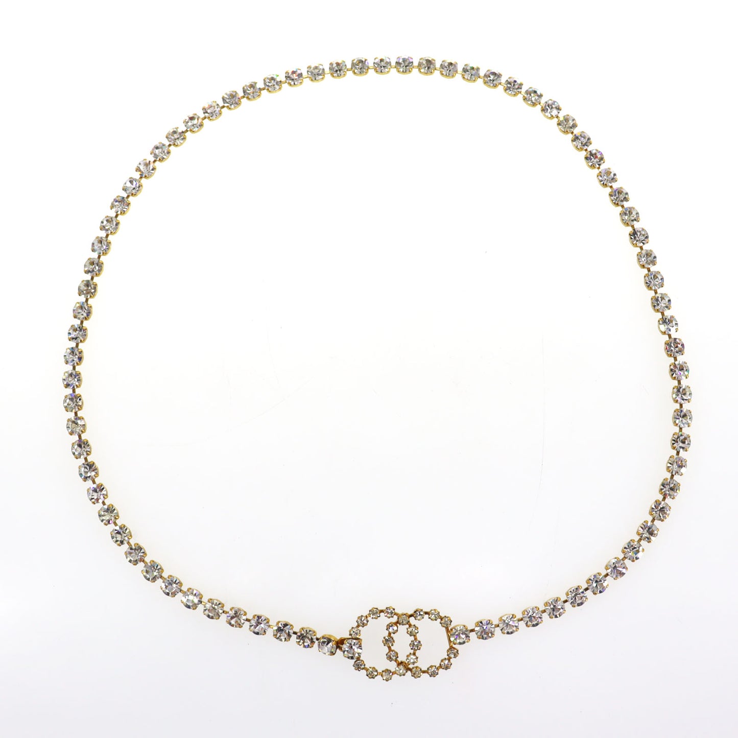 CHANEL CC Logos Rhinestone Belt Necklace Gold Plated 96P #CK417