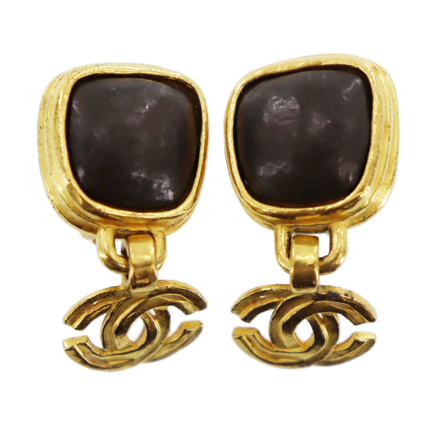 CHANEL CC Logos Stone Earrings Gold Clip-On #BE246