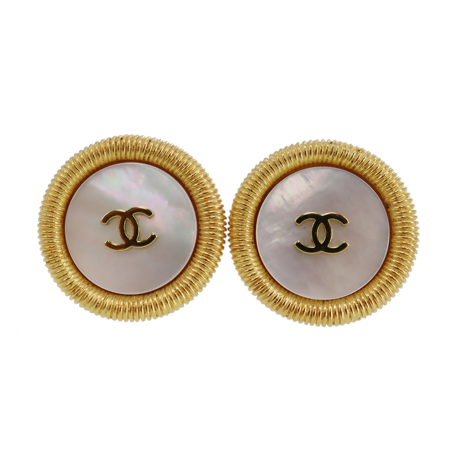 CHANEL CC Logos Circle Earrings Gold White Clip-On 95 P #CJ419