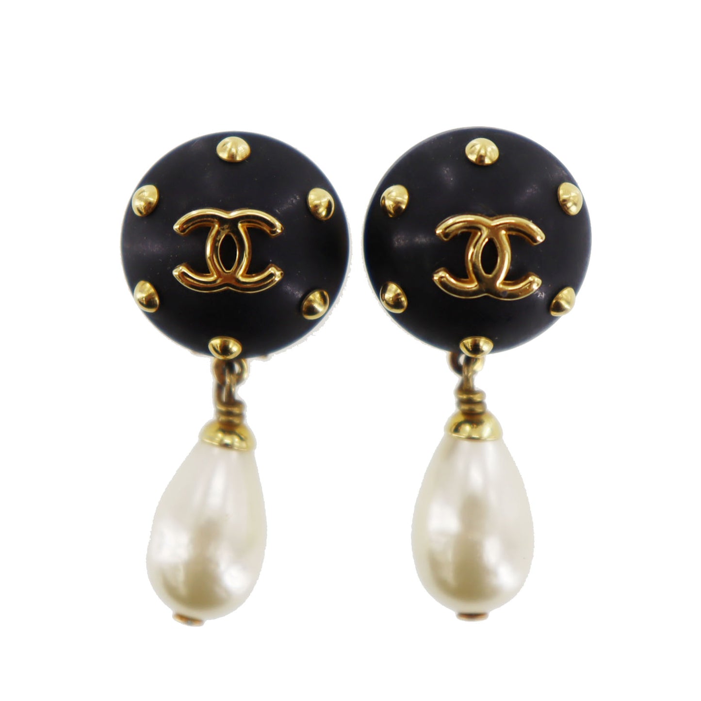 CHANEL CC Logos Pearl Earrings Black Gold Clip-On 96C  #BR700