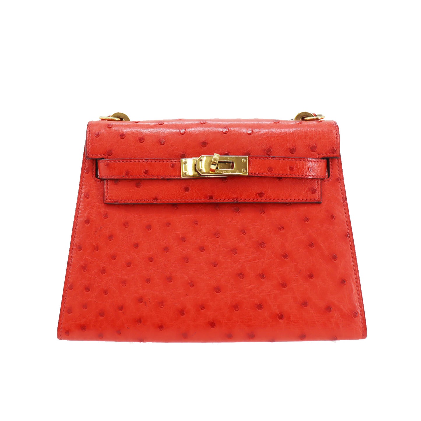 HERMES Mini Kelly 20 Used Shoulder Red Ostrich Leather #CN343