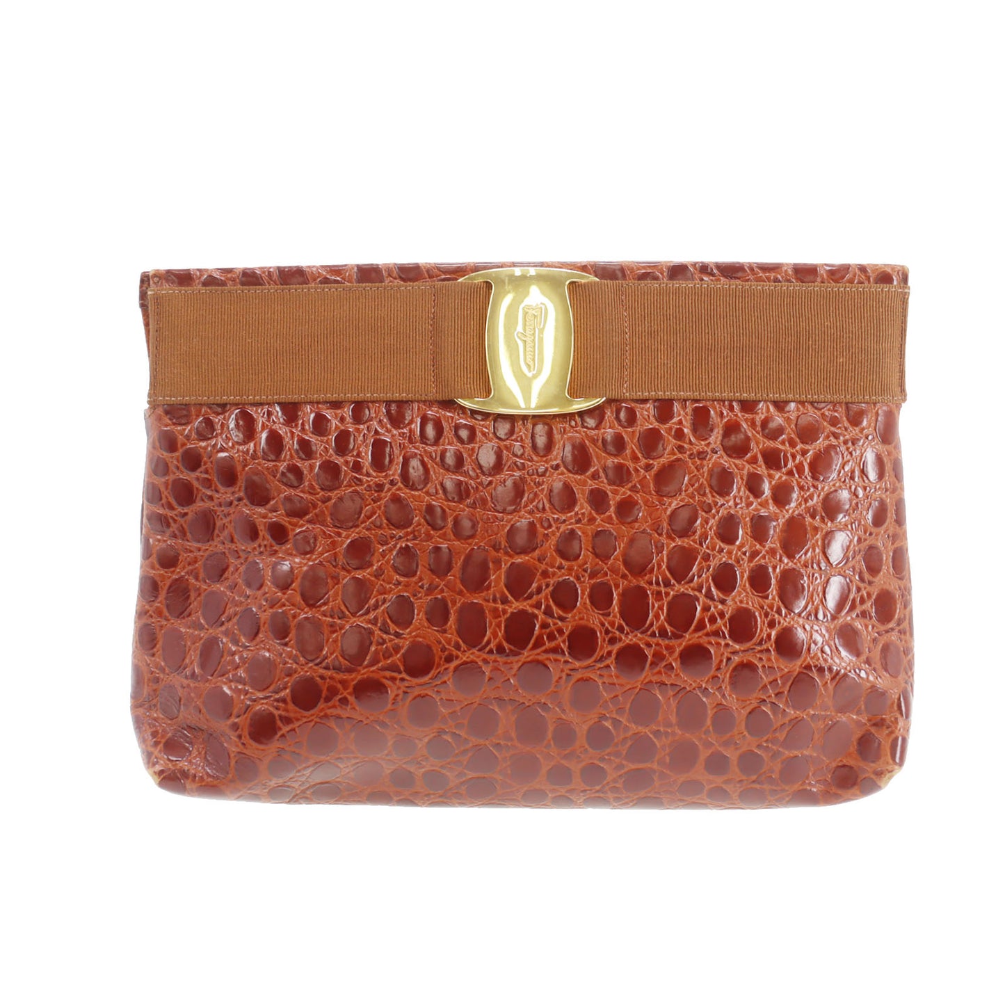 Salvatore Ferragamo 2way Clutch Shoulder Bag Brown Embossed Leather #AG164