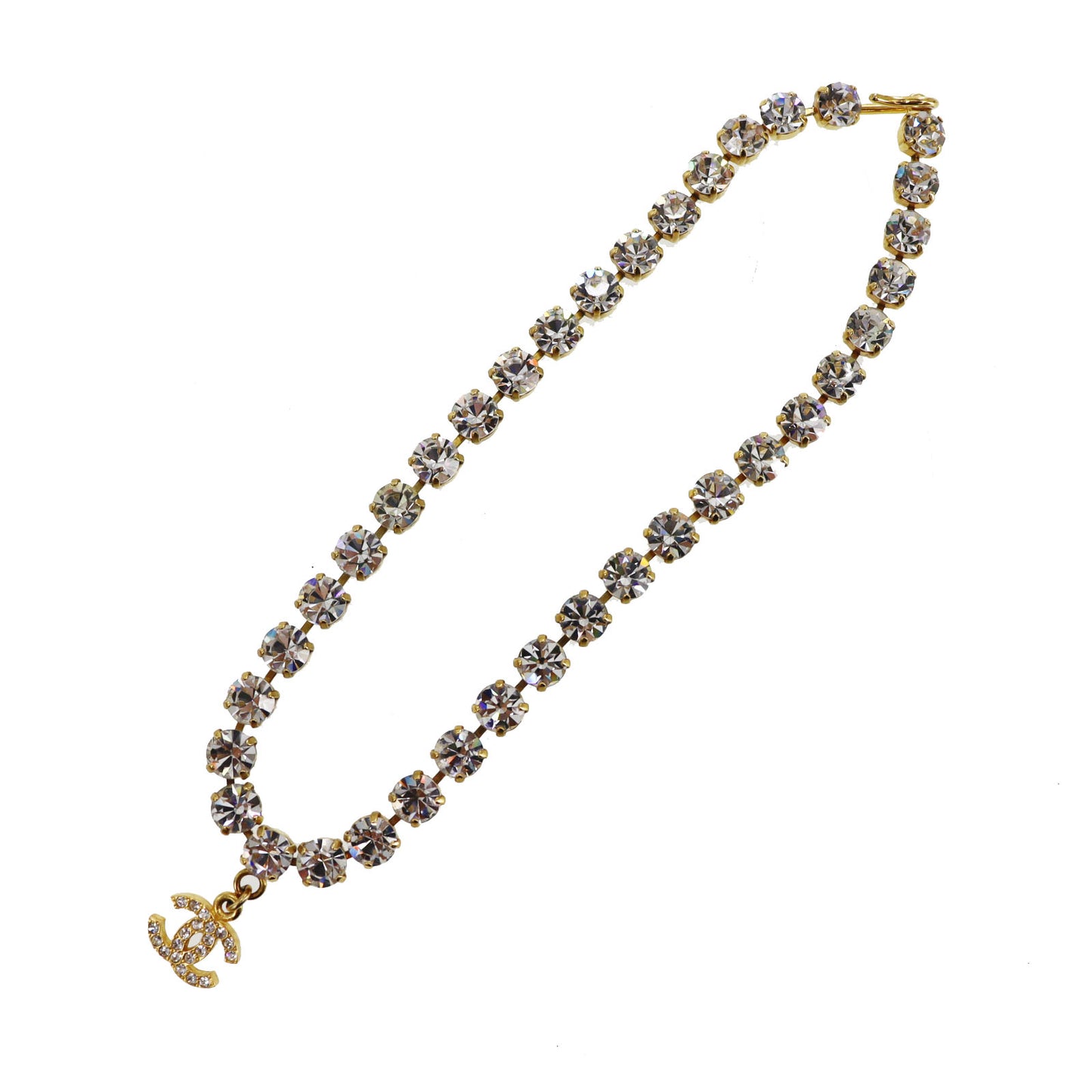 CHANEL Logo Used Chain Necklace Rhinestone Gold 96A #CJ813