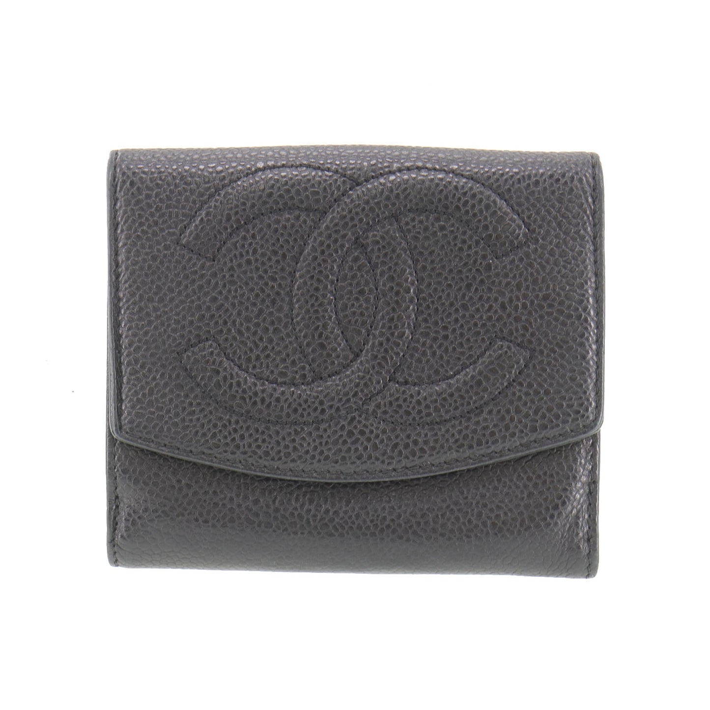 CHANEL CC Logos Bi-fold Wallet Black Caviar Skin Leather #CS563