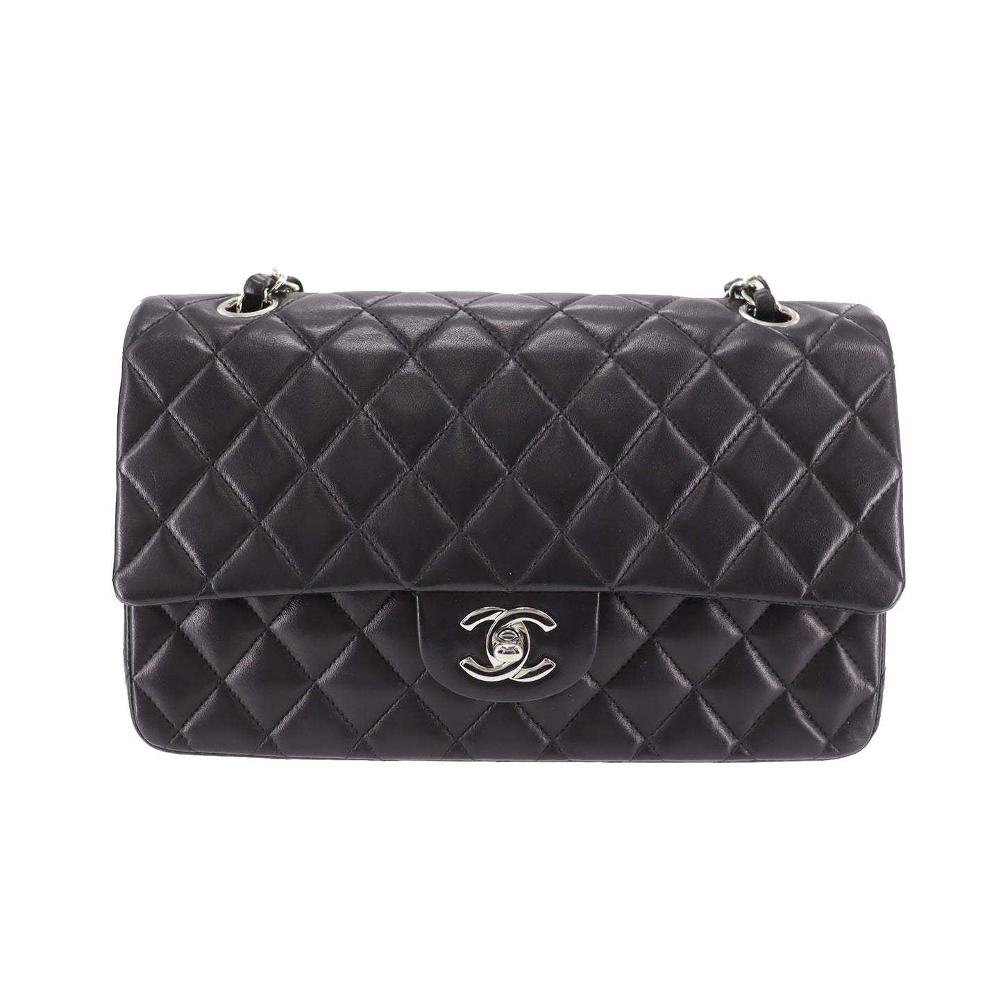 CHANEL Matelasse Double Flap Shoulder Bag Black Lambskin Leather #CG838