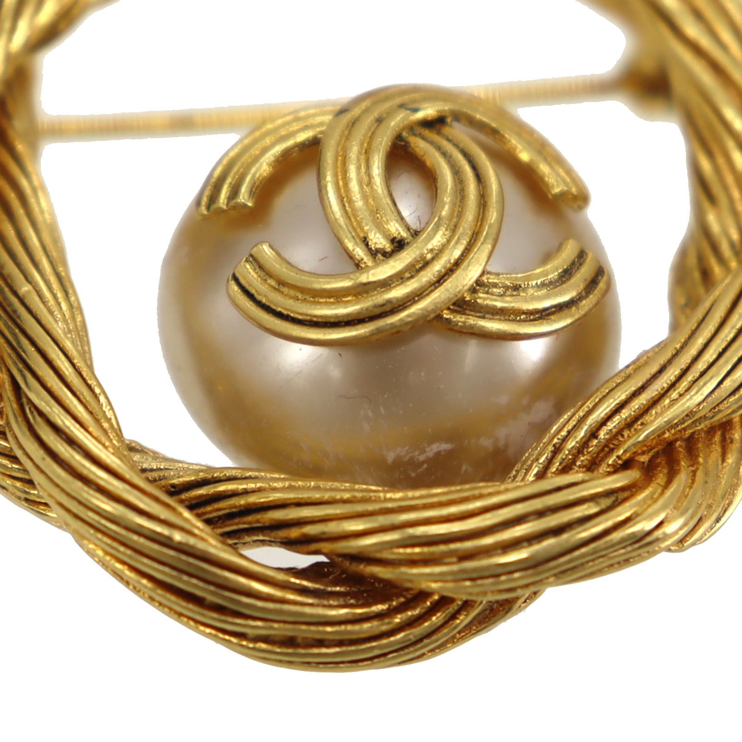 CHANEL CC Circle Pin Brooch Gold Plated Pearl 94A #CG797