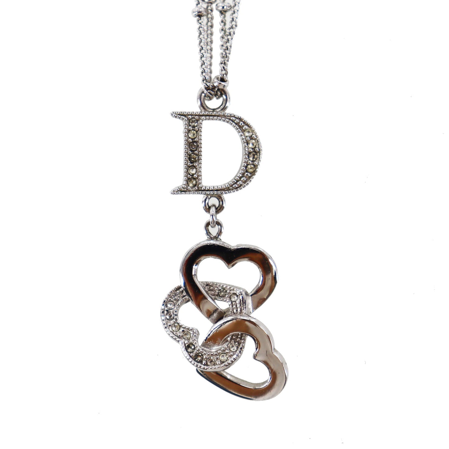 Christian Dior Logo Heart Rhinestone Chain Necklace Silver #CU411