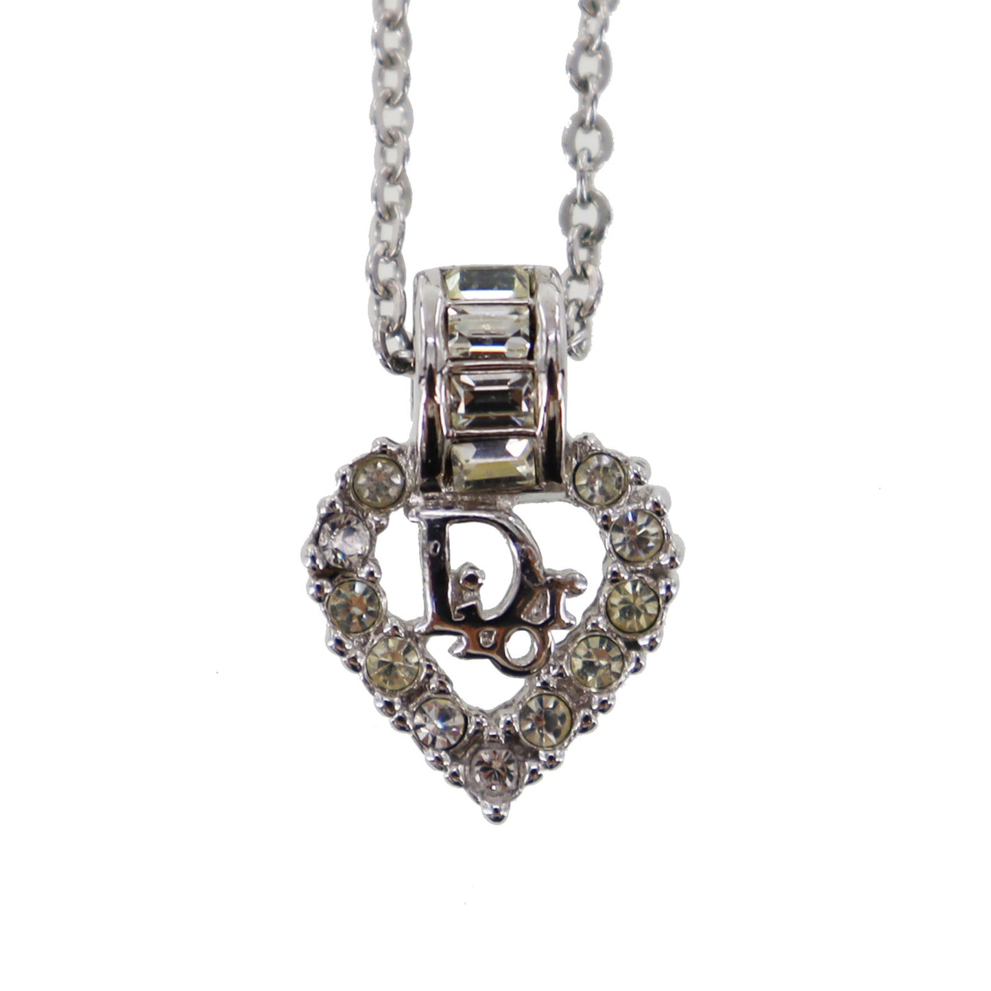 Christian Dior Heart Rhinestone Chain Necklace Silver #CS544