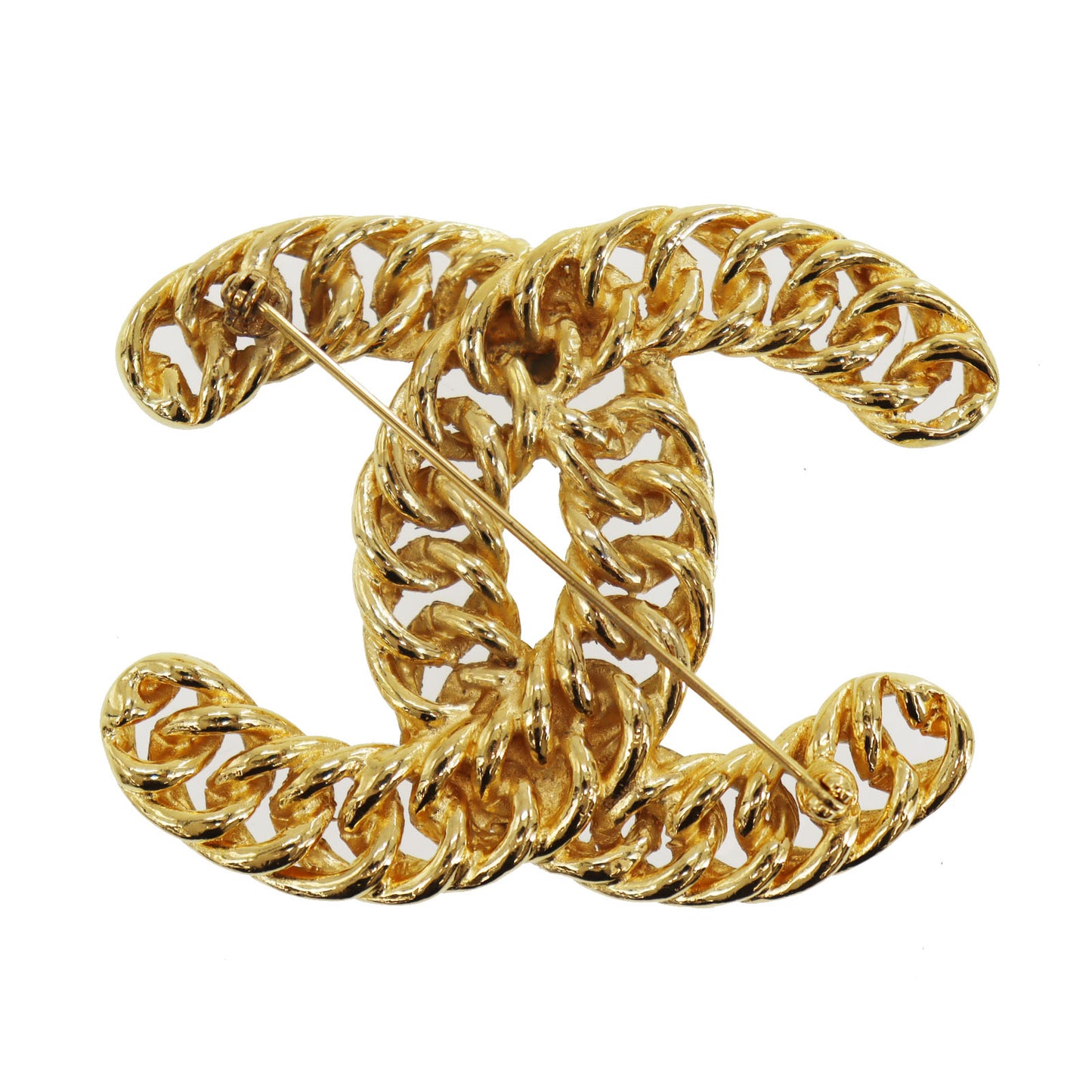 CHANEL CC Logos Chain Big Pin Brooch Gold Plated #CD906