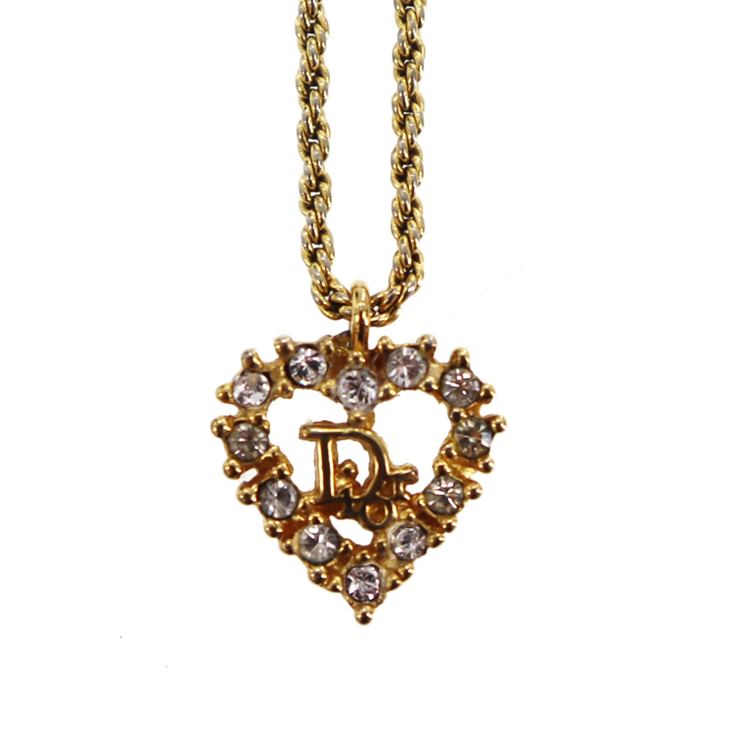 Christian Dior Logo Chain Heart Necklace Rhinestone Gold-Plated #CB230