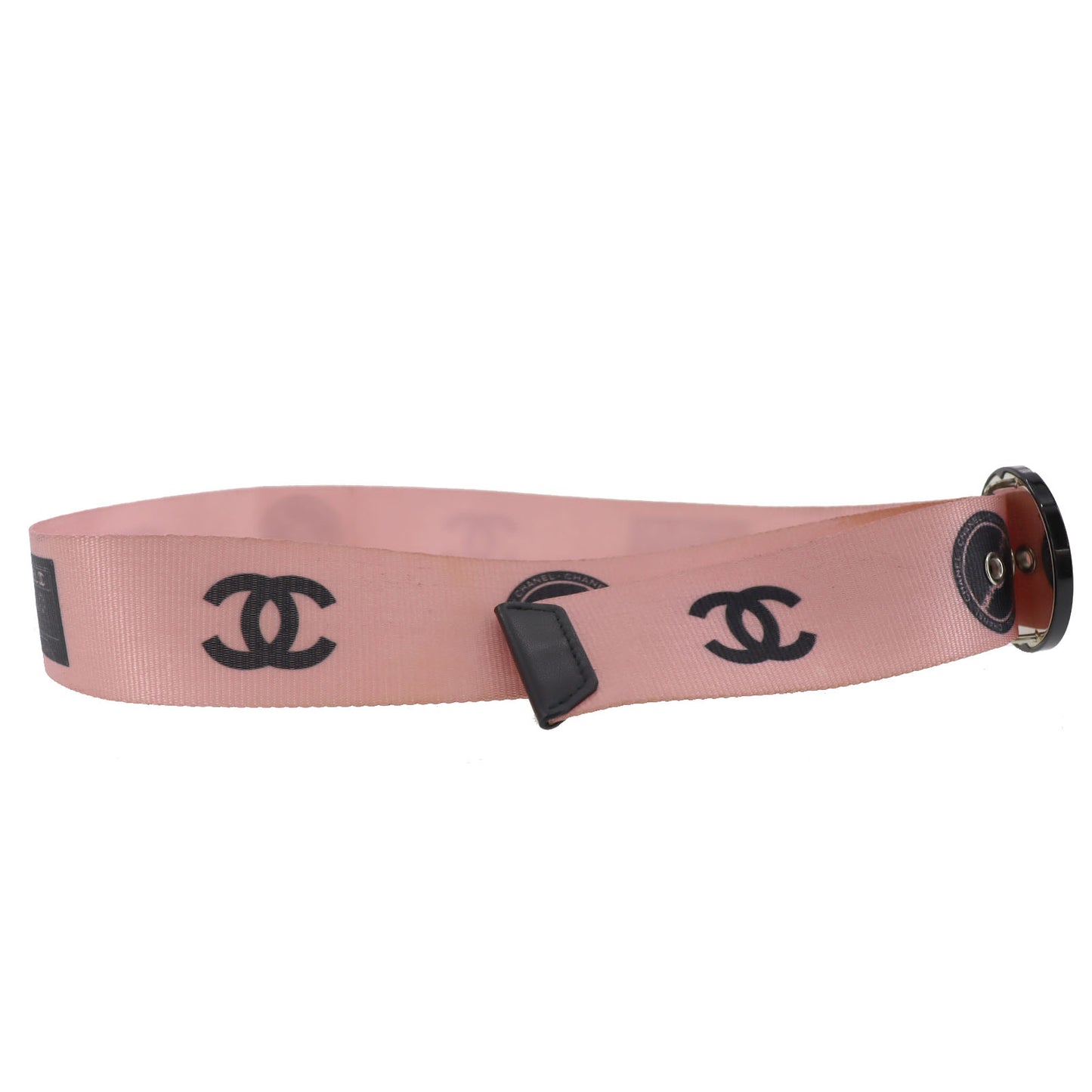 CHANEL CC Waist Belt Record Motif Pink Black Nylon Canvas Leather #AG91