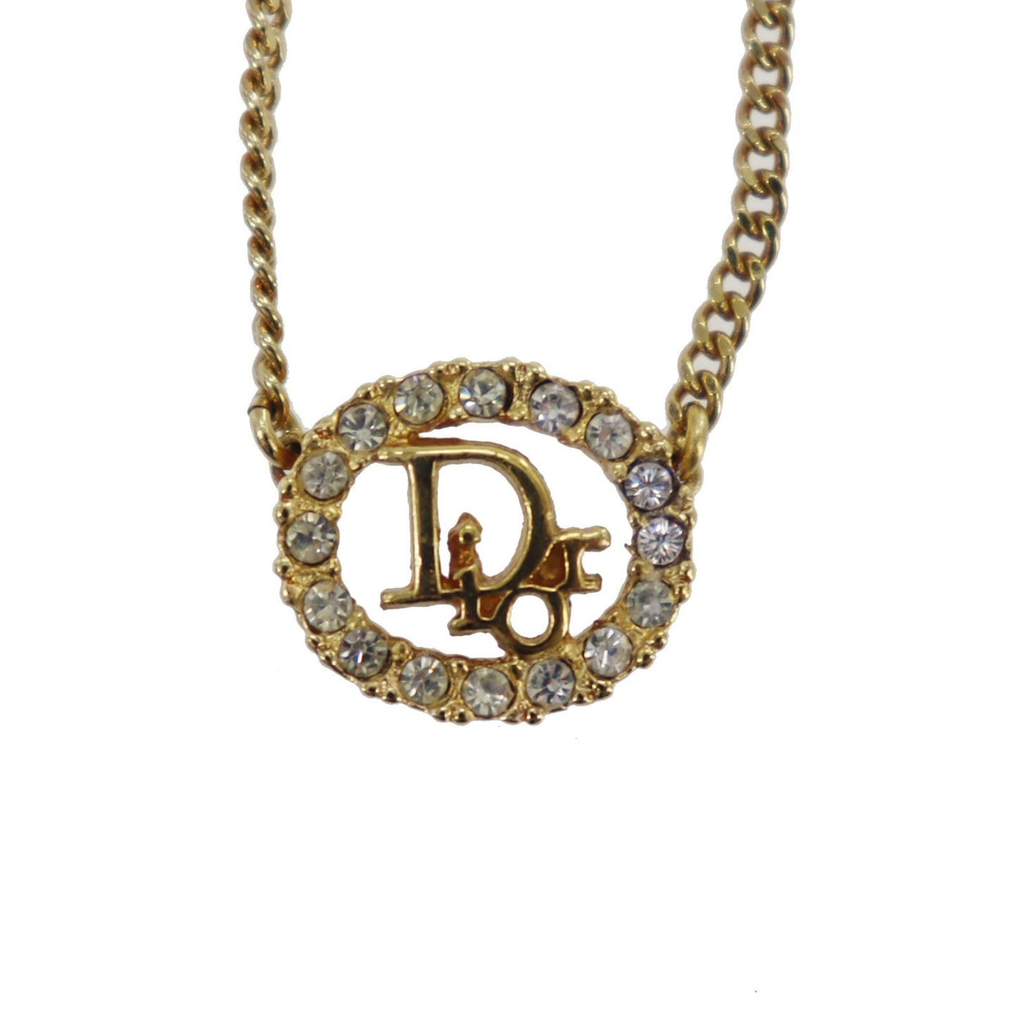 Christian Dior CD Logo Rhinestone Used Chain Necklace Gold Vintage #EB747