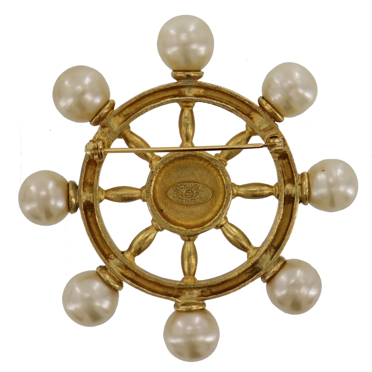 CHANEL CC Logos Rudder Pin Brooch Gold Plated Pearl 94P #BX377