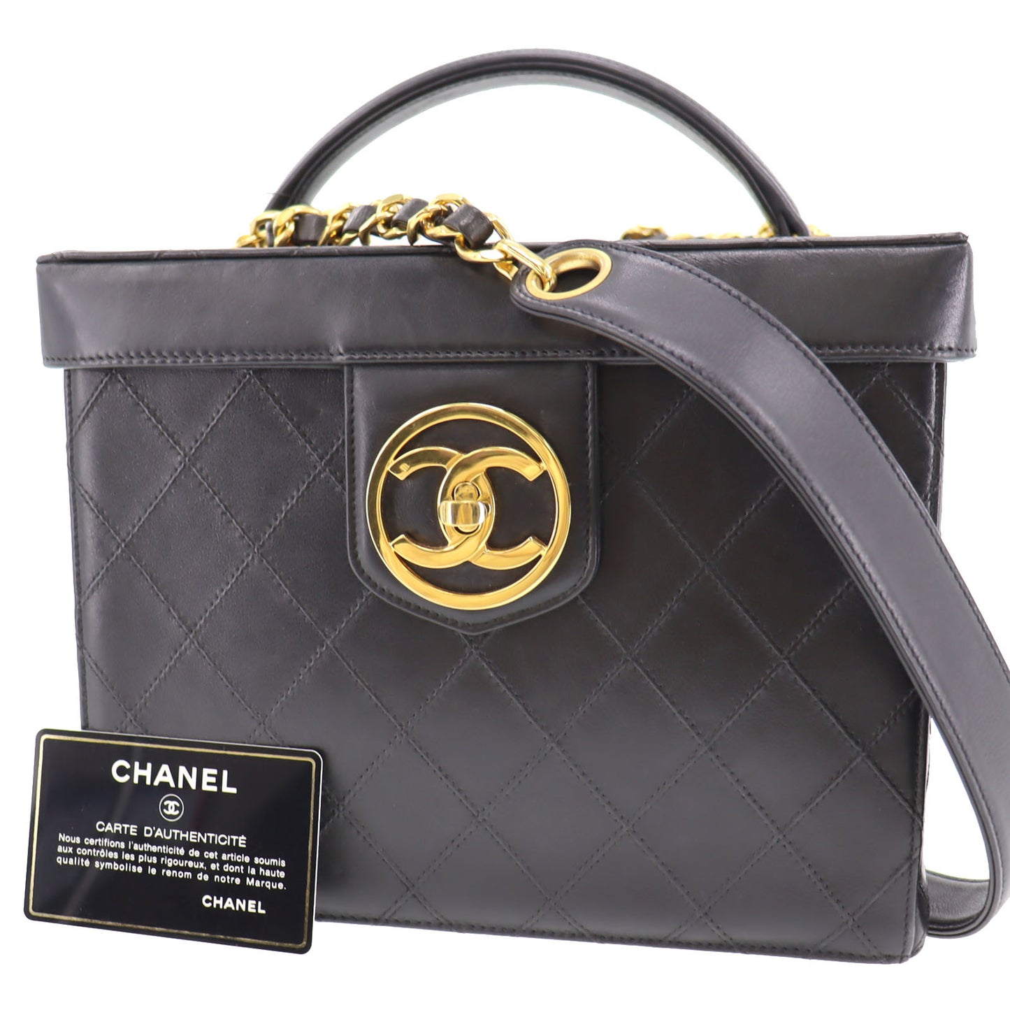 CHANEL Bicolore Handbag Vanity Black Lambskin Leather #AH589