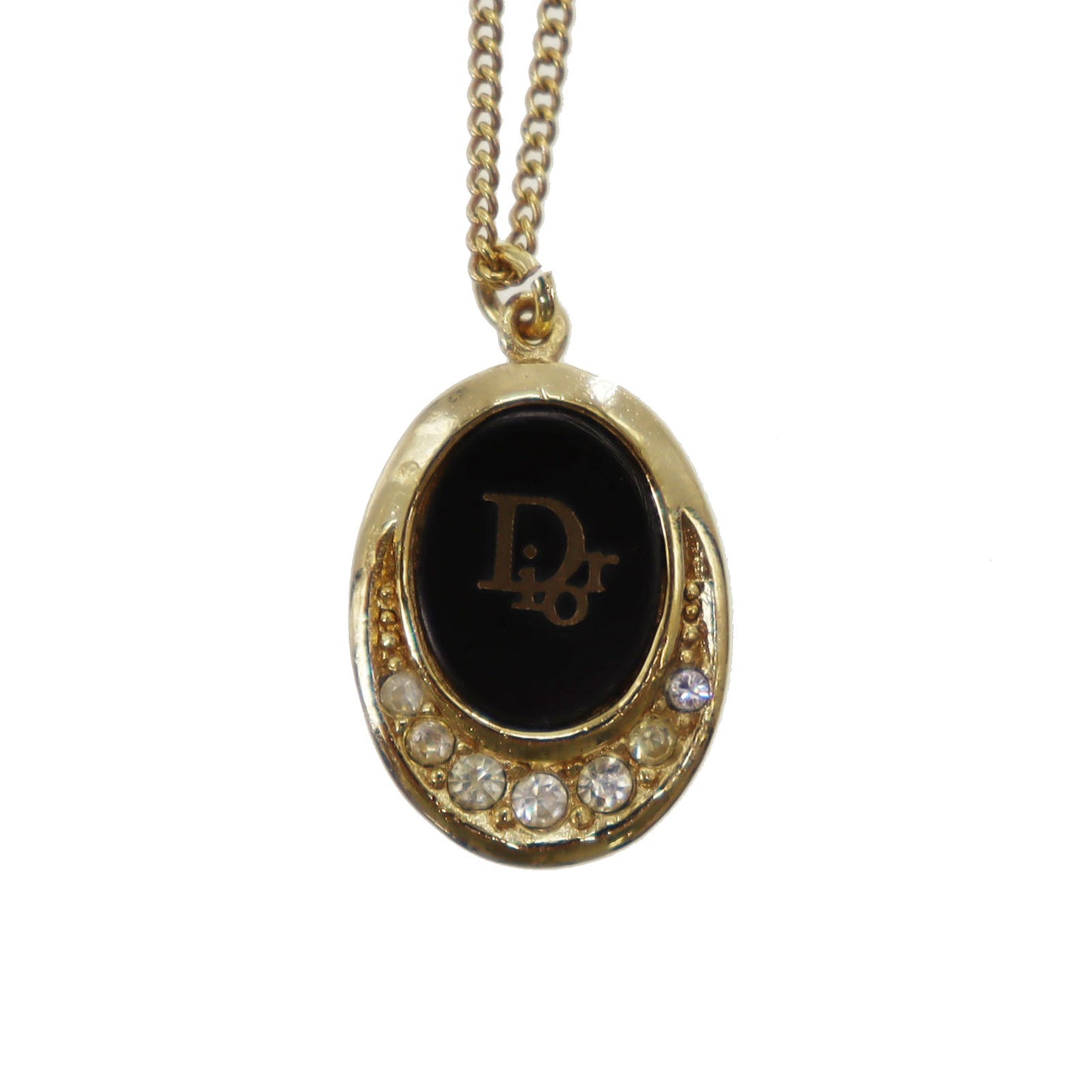 Christian Dior Logo Rhinestone Chain Necklace Pendant Gold #CS133