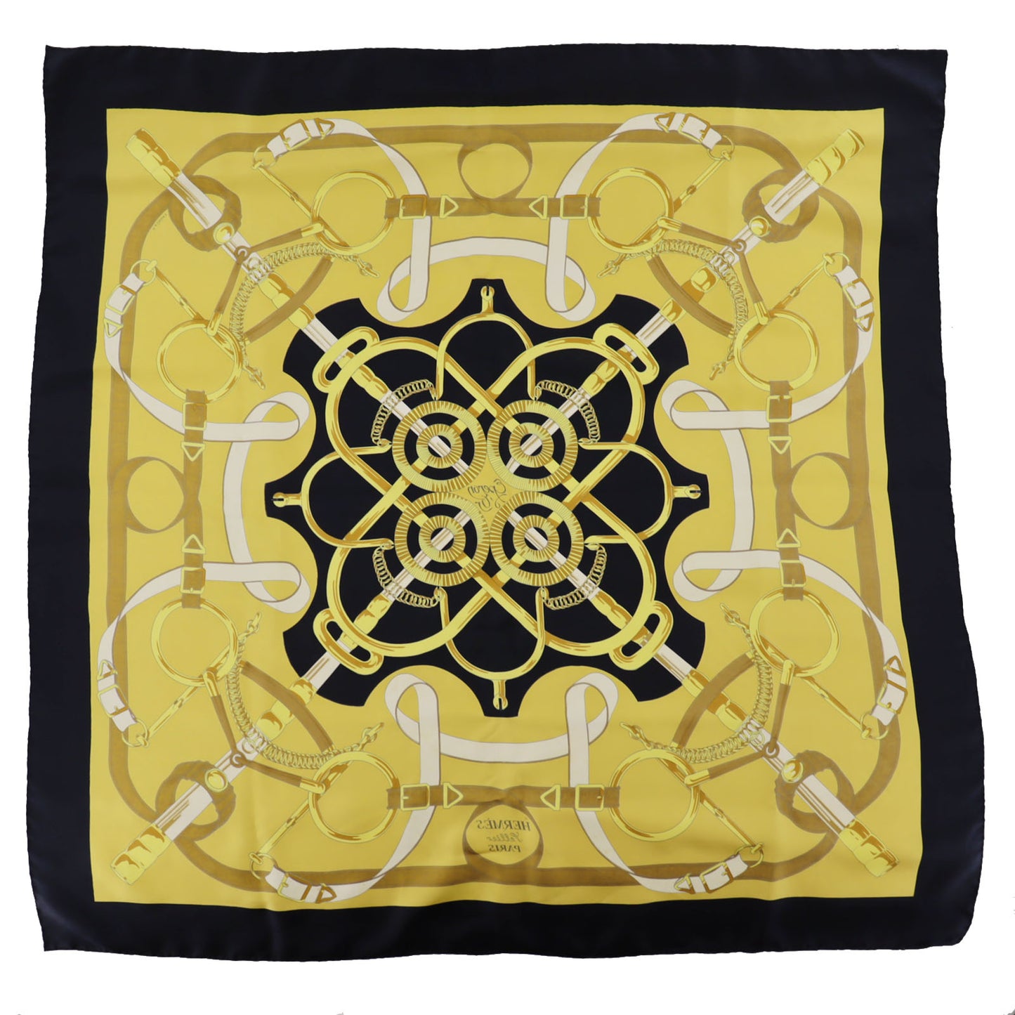 HERMES Logos Belt Design Large Scarf Black White #AG402