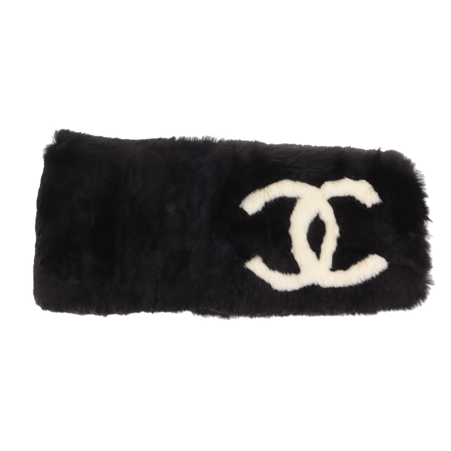 CHANEL CC Logos Fur Scarf Muffler Neck warmer 100% Rabbit Black #CN565