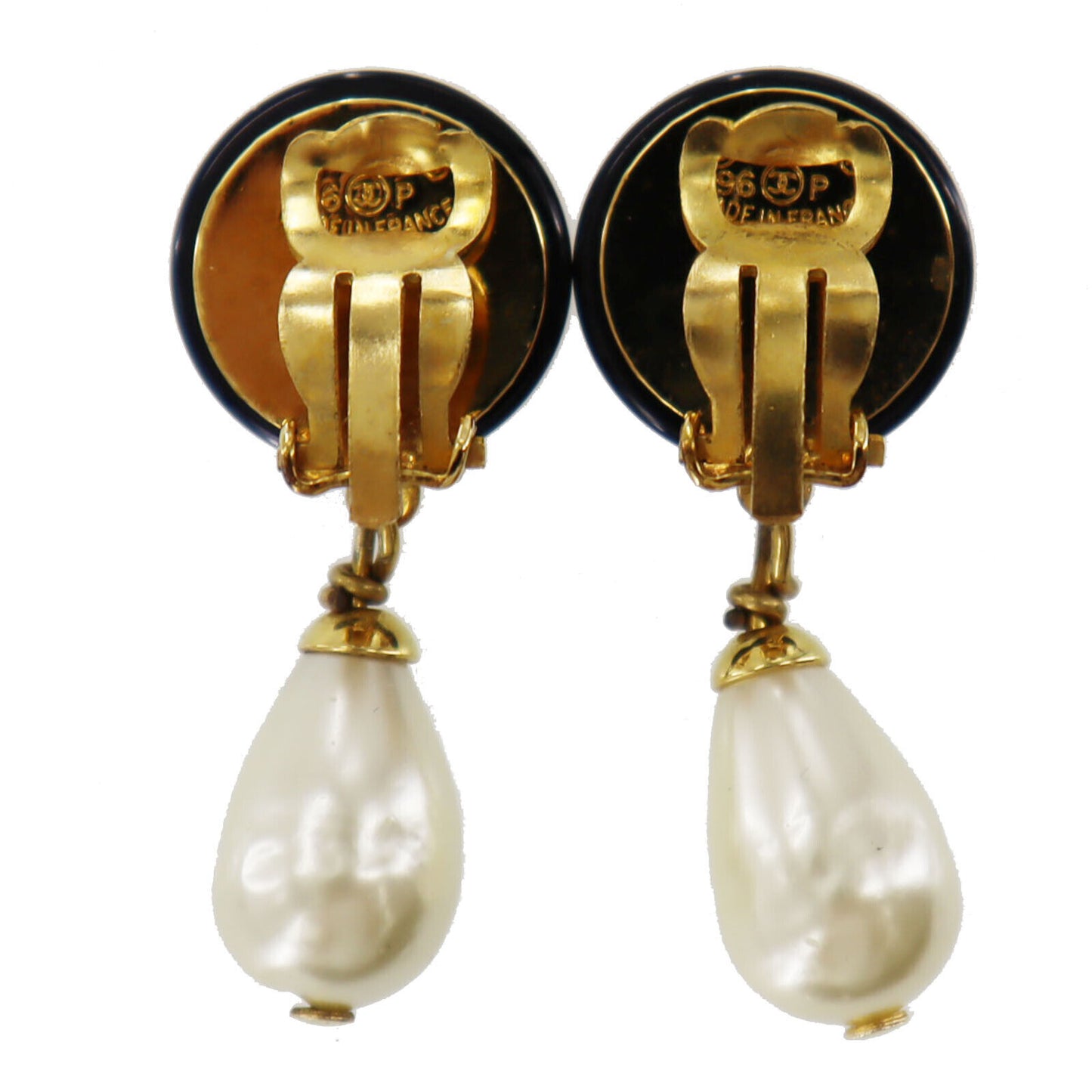 CHANEL CC Logos Pearl Earrings Black Gold Clip-On 96P #BK494