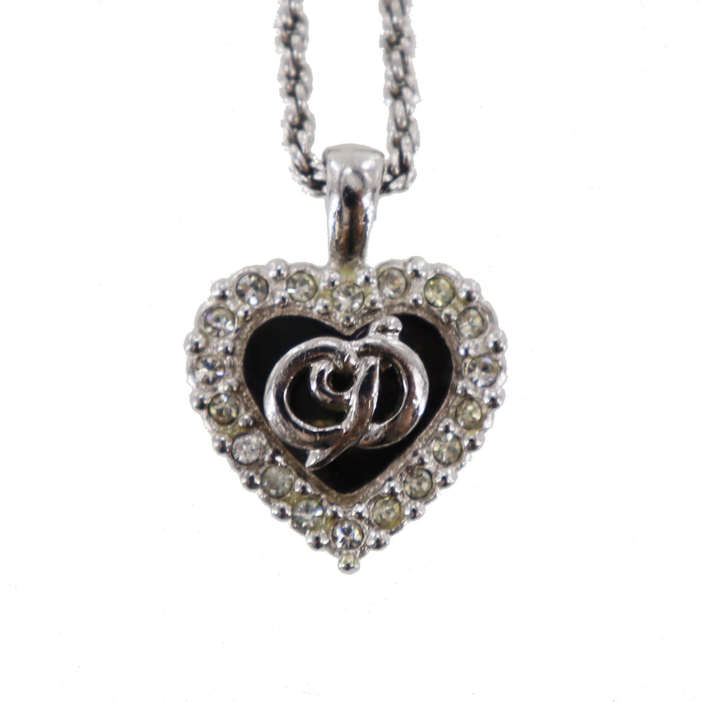 Christian Dior CD Logo Chain Heart Necklace Rhinestone Silver #CR578