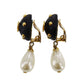 CHANEL CC Logos Pearl Earrings Black Gold Clip-On 96C  #BR700