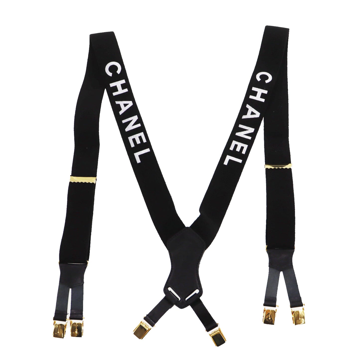 CHANEL Logo Suspender Black Sewing Elastic Leather #CJ416