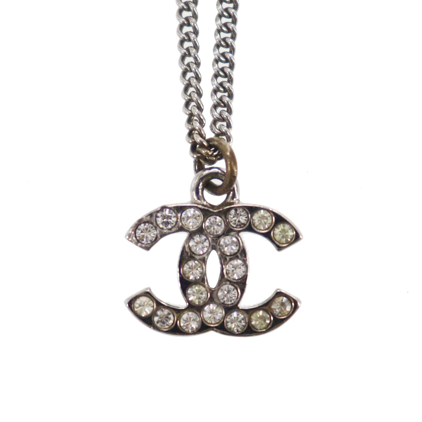 CHANEL CC Logos Rhinestone Silver Plated Chain Necklace C11V #BQ122
